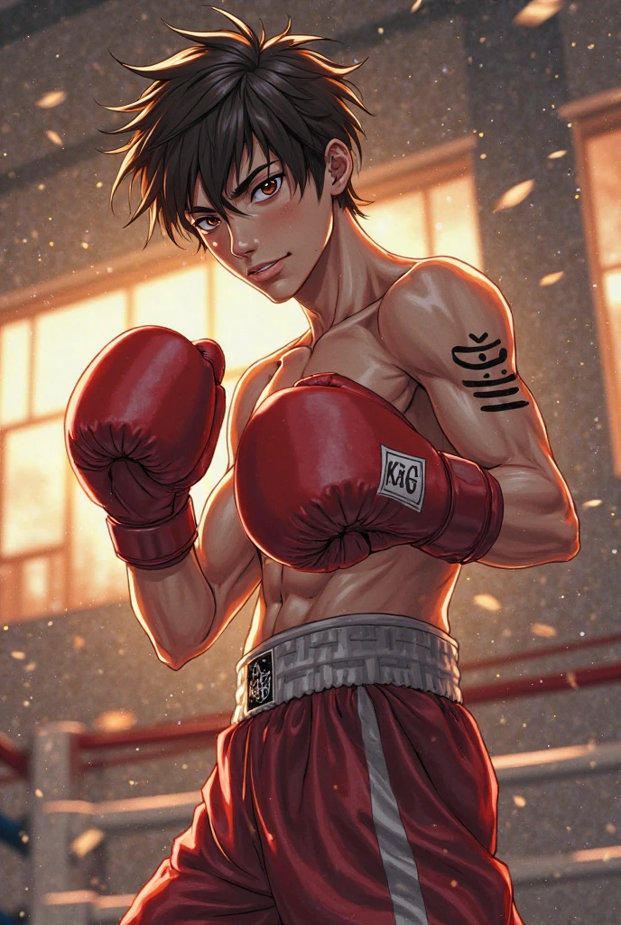 1boy, Full body version, 1character, brown eyes color, tan skin, bowl hairstyle, black colour hair, largest muscle, Boxing outfit clothing, boots, naked, Topless, naked body, Grassroots background in ring boxing, motion blur, (one piece style art), shadow, no weapon, boxing gloves, boxing, Plasma effect, smoke effect, fire effect, lighting eyes, angry, angry eyes, angry mouth, wind effect, (battle gesture), motion blur, His hands are on fire, boxing gloves are on fire, fire boxing gloves