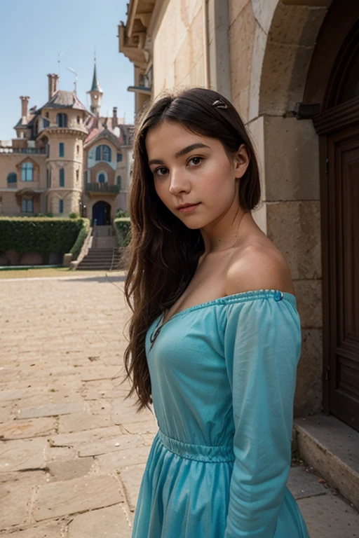 Dafne Keen in a long dress with a v-neckline smiling