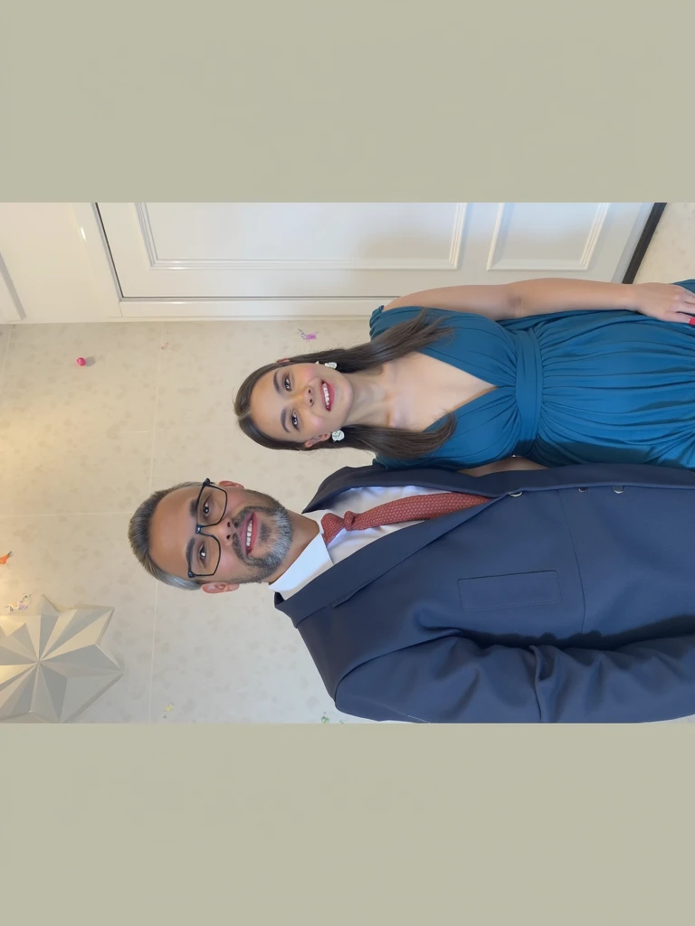 a man and a woman with a bouquet are standing in the room, woman in white shoes