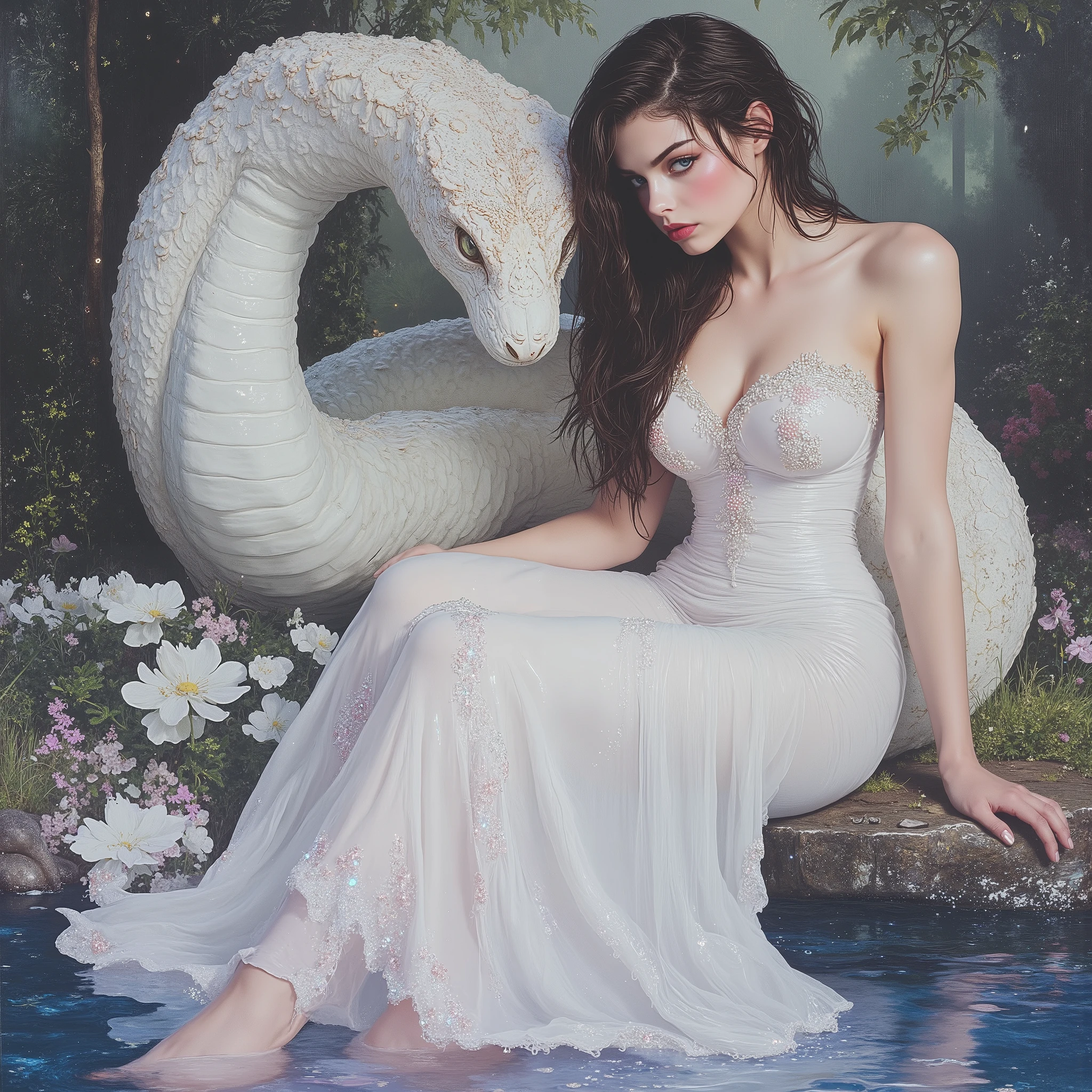 hyperrealistic oil painting : Una hermosa chica de 21 años con cabello long negro azabache, CHISELED FACE , blue eyes, shiny skin, piel blanca, wears a simple white silk dress , Small Breasts , the hair gets wet abundantly on her shoulders, of unrealistic beauty , suave, semi-fleshy pink lips , angelic features , European, Sensual look ,A dream dress, Tight around her waist , flowing in a cascade of iridescent chiffon fabric, evoking an ethereal feeling. long, the tight sleeves enhance the figure, while the pleated skirt creates a waterfall effect. Intricate embroideries of luminous flowers and crystal applications simulate drops of dew. Ethereal fantasy style, With a magic touch . Iridescent white and silver tones with luminescent sparkles long skirt that creates a waterfall effect", "loose sleeves that extend to the knuckles", "deep yet elegant neckline". natural background full of environmental magic of a magic lake, magic water with natural lights, Gold and white lighting in a natural environment . hyperrealistic digital art, She has a big giant white cobra next to her which she controls