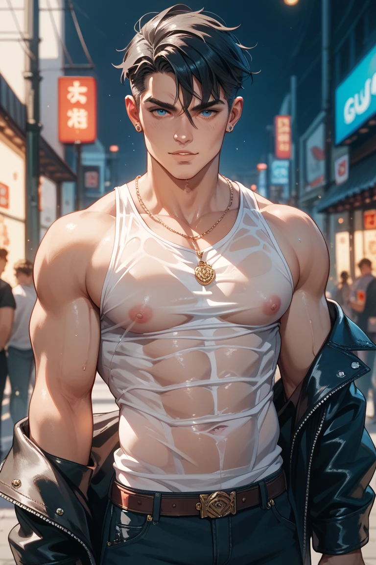man:1.5,1 man,thief man,(((1man))),((man with stylish short hair)),
(((1male,man:1.5,handsome man,male,male gender:1.5,male focus))),macho man,
((short red hair,detailed hair,highly detailed hair,red hair,dyed interior hair,colored inner hair)),(((lustrous skin:1.5,tanned skin,bright skin: 1.5,skin tanned,shiny skin,very shiny skin,shiny body,illuminated skin))),(((orange eyes:1.2))),intricate eyes,beautiful detailed eyes,symmetrical eyes,((man chest)),handsome face,((muscular)),((hand consists of a short thumb and four fingers,a hand with only five fingers,(detailed face))),
alluring look,nsfw,
(((bare chest))),elegant white pants,((bulge in pants)),((elegant thief outfit)),(wearing a elegant thief outfit:1.3,thief clothes),((wet clothes,intricate outfit,intricate clothes)),
(dynamic pose:1.0),solo focus,((evil smile,evil look)),(centered,scale to fit dimensions,Rule of thirds),
cyberpunk city by the ocean at night, with bright neon signs and dark stormy clouds and puddles, scenery:1.25,
highres, sharp focus, (ultra detailed, extremely detailed), (photorealistic artwork:1.37),(extremely detailed CG unity 8k wallpaper),((synthwave background theme)),(((vibrant colors))),(intricate background),(masterpiece),(best quality),