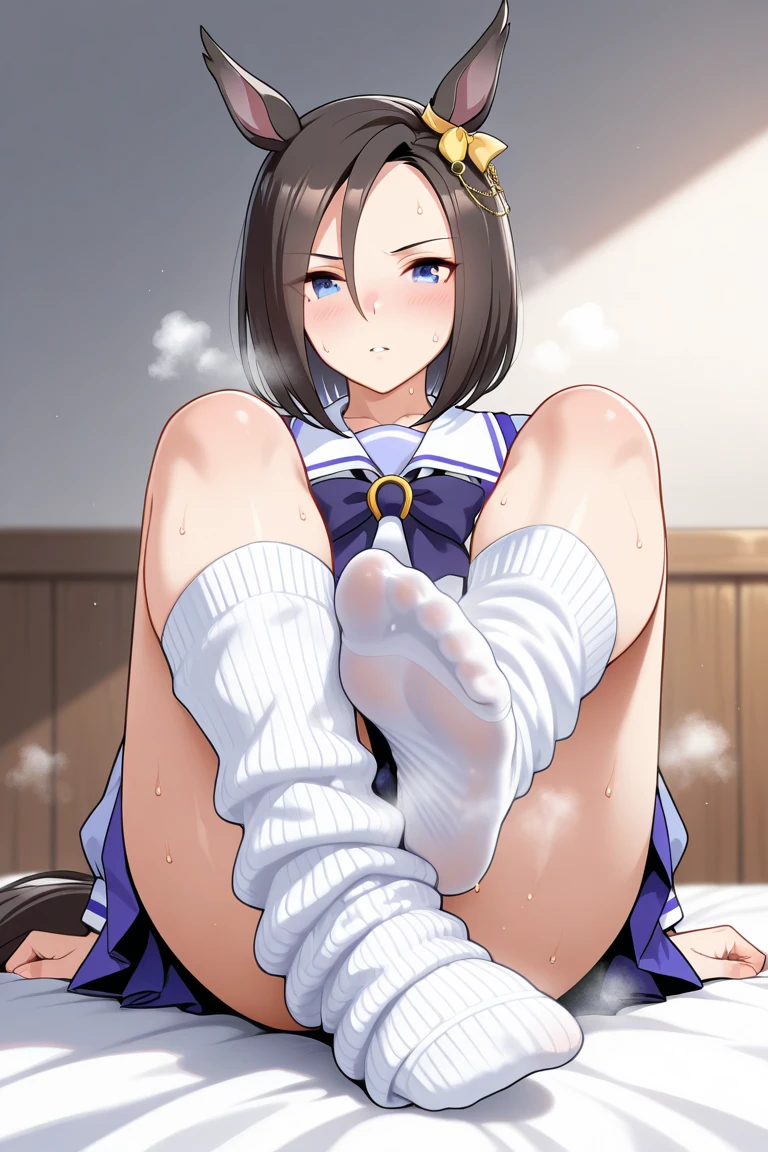 ((masterpiece, best quality)), high resolution,ultra detailed, detailed background, 8k,16k,perfect lighting,detailed beautiful eyes,1girl,solo,nsfw,perfect beautiful pussy,clitoris,vagina,show off pussy,embarrassed,blush,look at viewer,steam,sweat,aroused,in heat,(close up pussy,from front:1.2),from below,bottomless,lying,on back,pussy juice,fisheye lens,naughty smile,(hold legs,spread legs,legs up,butt lift:1.4),purple hair,short stature,ponytail,horse ear,medium breast,brown hair,kawaii,wooden house,short stature,anime style, Sakura Bakushin O (umamusume),