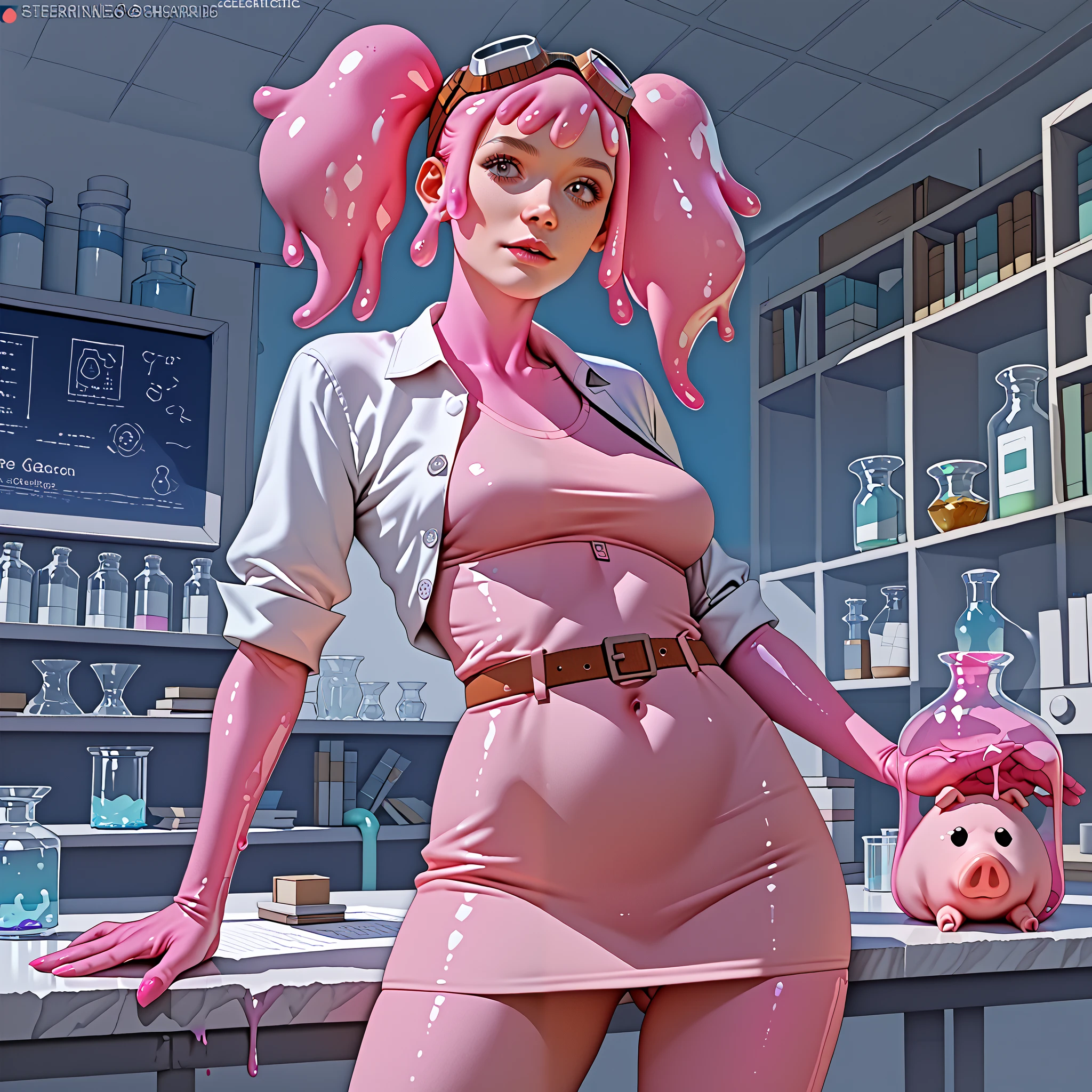 score_9, score_8_up, score_7_up, pink female slime alien, scientist, wear goggles, slime hair is in pig tails. Short, slim thicc.