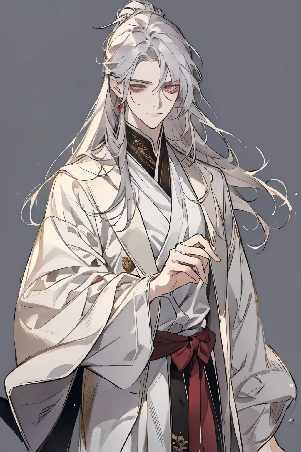 점수_9, 점수_8_위로, 점수_7_위로, Solo, Watercolor, 1 male, long hair, silver hair, gold Eyes, wear oriental white dress, skin, Simple Accessories, simple background, master piece, handsome, best quality, impasto, perfect face, adult male, full-body portraits, delicate hand, simple black tattoo 