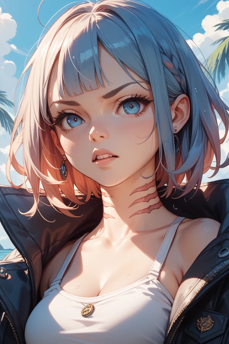 anime girl, white hair, short hair, only her face, pink makeup, blue eyes, sunlit background, black short dress