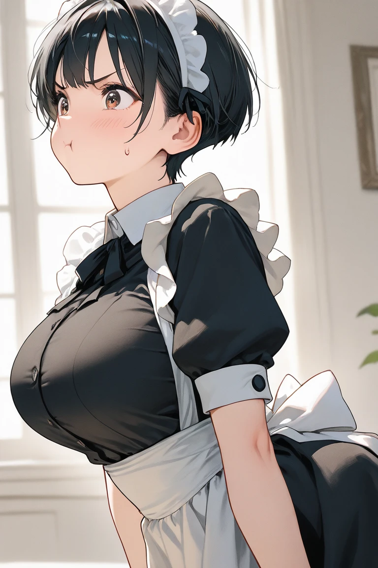 masterpiece, best quality, ultra detailed, ultra high resolution, very detailed face, anime, solo, (((20 years old girl, black bob angular hair, maid uniform, slender body, small breast, expose the six pack abs:1.2, bad mood))), in the living room, indoor