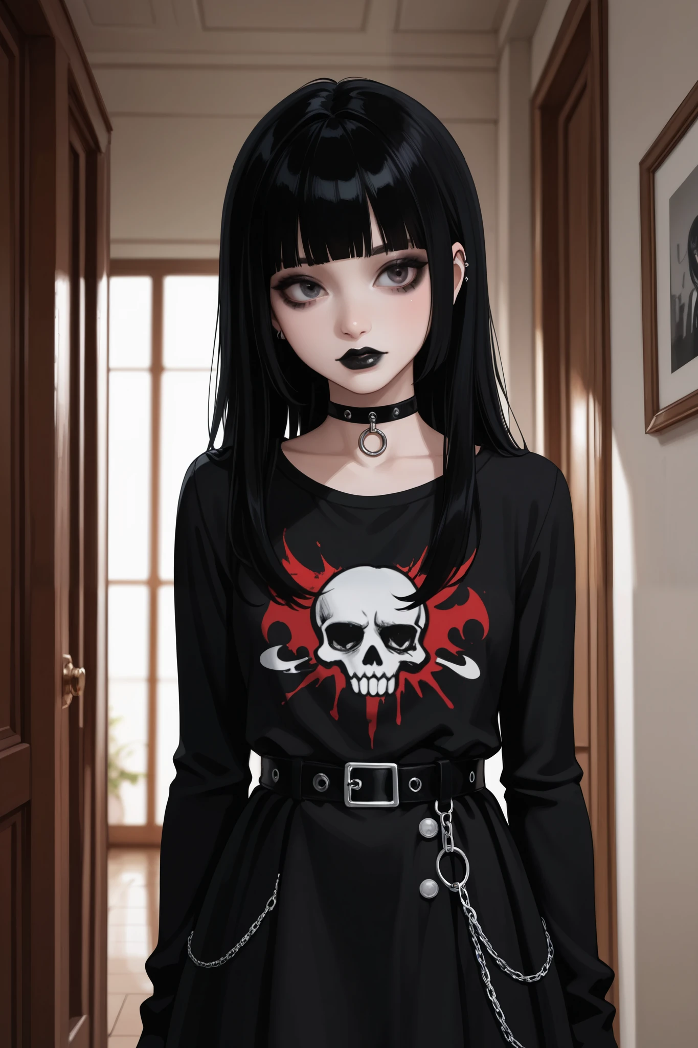 RAW Photos, Realistic、Ultra-realistic, 16-year-old punk girl, six heads tall, red hair, black and white outfit, chains, skulls, spooky cute, dark red background, manga style, gothic, edgy, black halo, charming expression, illustration, Halloween vibes, clear outlines, Halloween logos, designed text, stylish poster appearance, Neat and clean, Highest quality, masterpiece, Ultra-high resolution, 8K