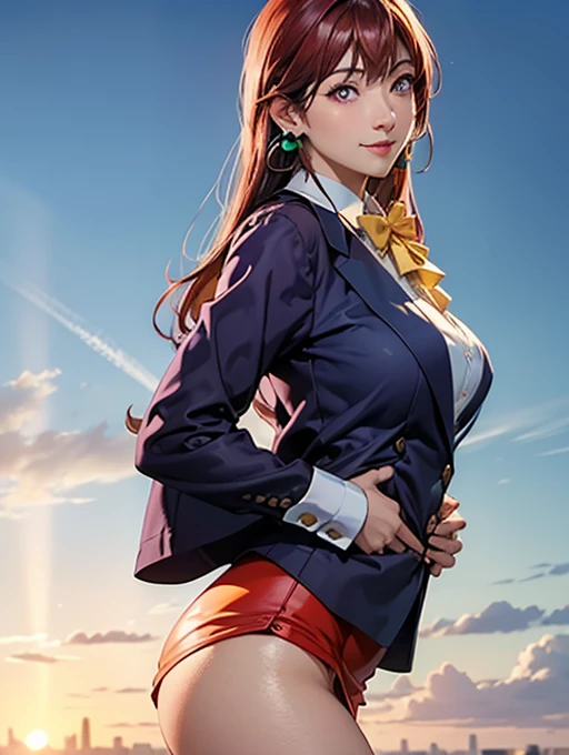 (best quality:1.5, highres, UHD, 4K, detailed lighting, shaders), gold floral haired, gradient hair, large breasts, suit, school shirt, school short skirt, mature woman , (pov), white background, colorful eyeshadow, dramatic lighting, sparkling eyes, sensual expression, golden earrings, flowing hair, delicate facial features, dark skinned, high cheekbones, urban setting, white background, dont look for the camera, lean forward,
