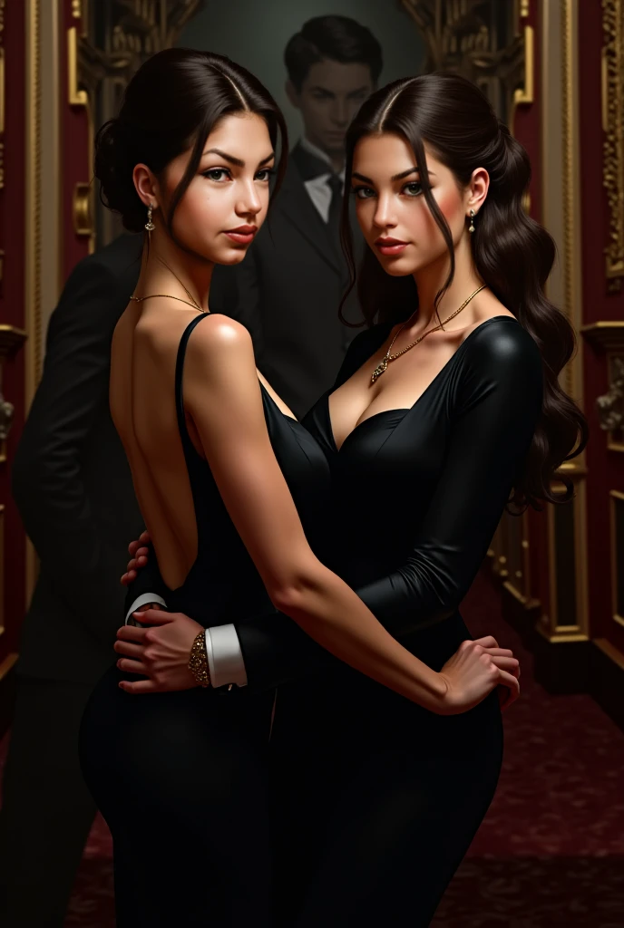 Jaime Murray and Allison Scagliotti, lesbian, touching, kissing, fondling, long dress, leg slit