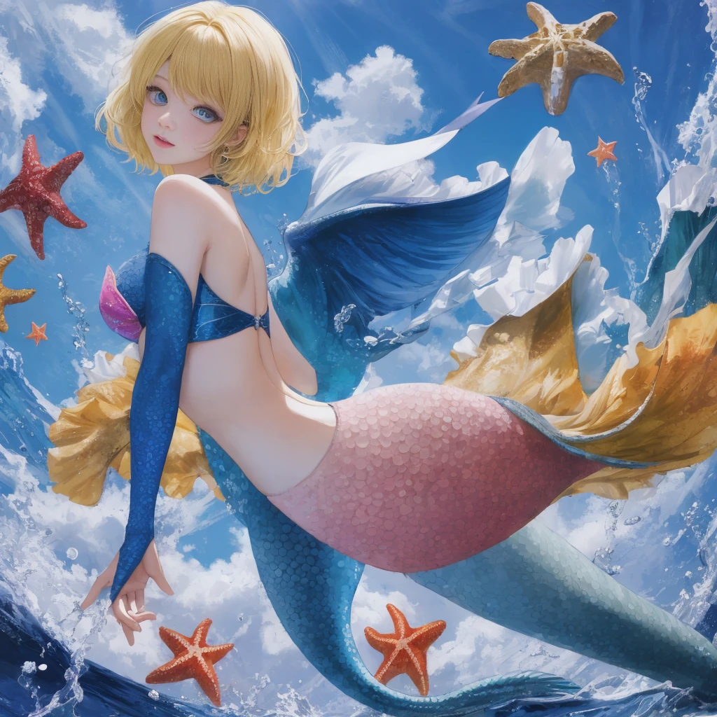Starfish on Breasts, green mermaid, 1girl, crossdressing, anime, beauty, large breasts, short hair, blonde hair, blue eyes, sea, underwater, ocean, full body, scales mermaid, (gigantic bust:1.4),