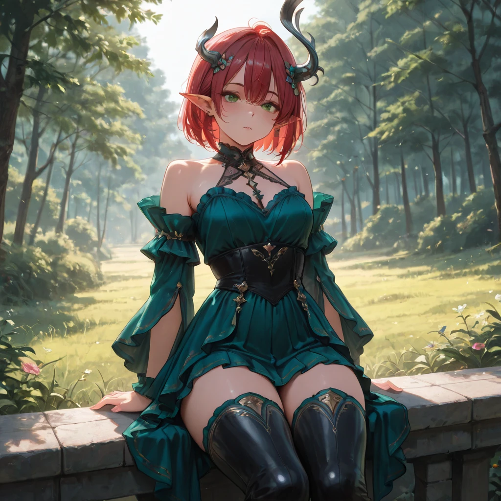((solo)), cowboy shot, very cute girl, kawaii, amazing masterpiece, top quality, high fashion, absurdres extremely, HDR, intricate details, vivid colors, asymmetrical horns, red hair, short hair, pointy ears, hair ornament, dress, thigh boots, green eyes, thighhighs, sitting, outdoors, Lawn