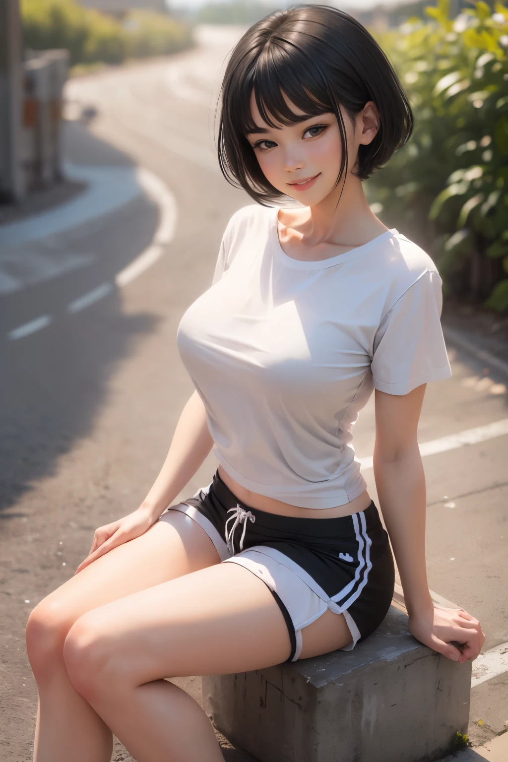 chineseidol，teens girl，White T-shirt，tighten，Black pants，long trousers，trouser，chest，Big chest，Strangulation，Pants wrapped around the top，On the school playground，Black hair，Real Human，short detailed hair，tying  hair，Real Human，cheerful big breasts，Whole body diagram，sport outfit，Bigboobs，Fireworks are like hair，Sit and rest，Split legs，legs separated，Exposed crotch showing through，Pubic area is clear