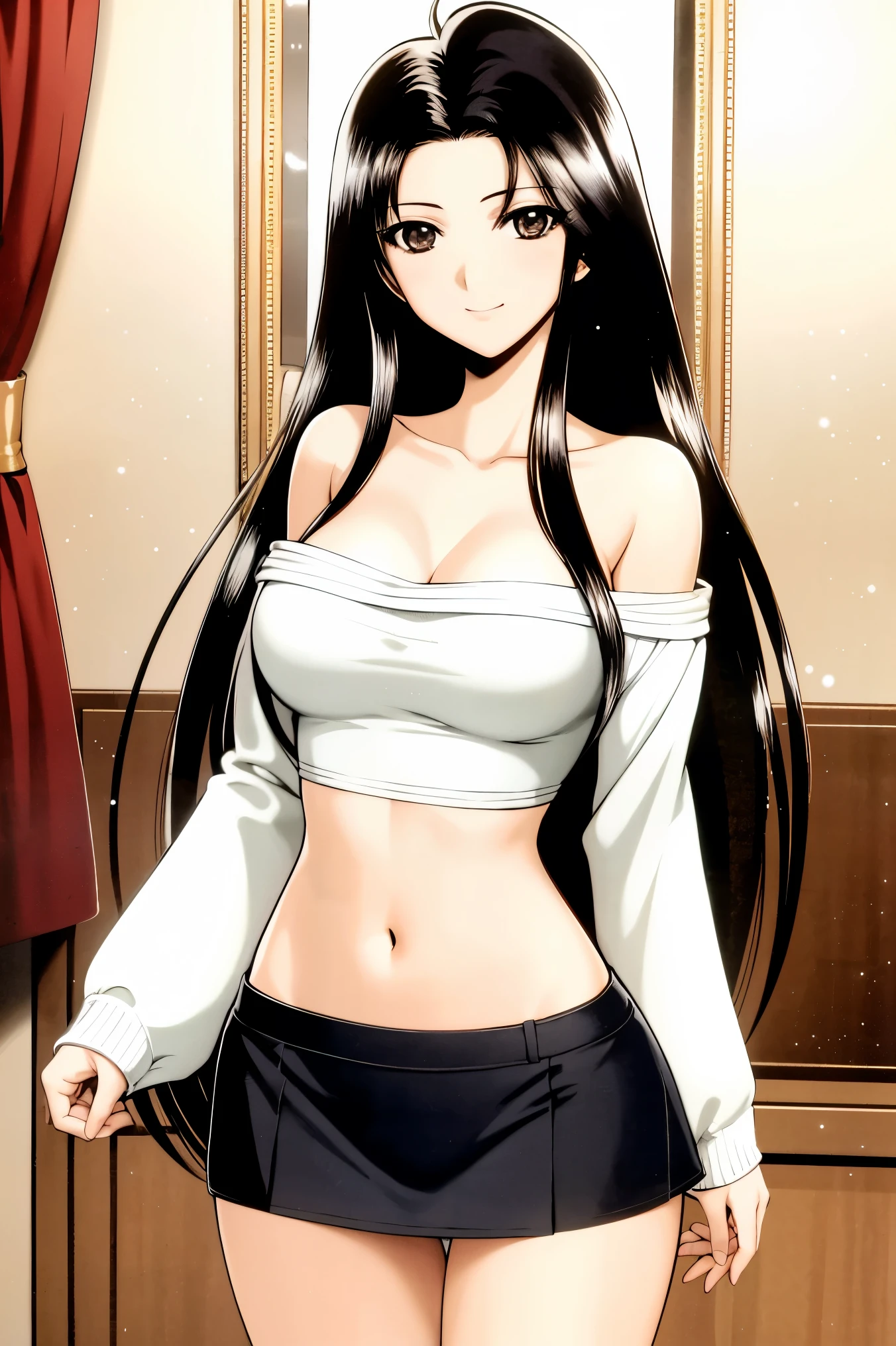 1990s\(style\)、1990sアニメセル画 style、best quality,( big eyes:1.2)、(Big Breasts:1.2),1 woman,Embarrassing Smile,masterpiece,best quality、adult woman,adult ladie,( 1 woman1.4)、masterpiece、best quality,masterpiece, best quality,Viewers, (black hair,long hair,brown eyes,)high definition,,(slender,busty),cleavage,Belly button,(panty shot,white panty,white string panties),off-shoulder knit sweater,length short knit sweater,super miniskirt,bent over,(indoor,starry sky,love hotel bedroom),skirt lift, (full-face blush,pout),Looking Back,focus on buttocks