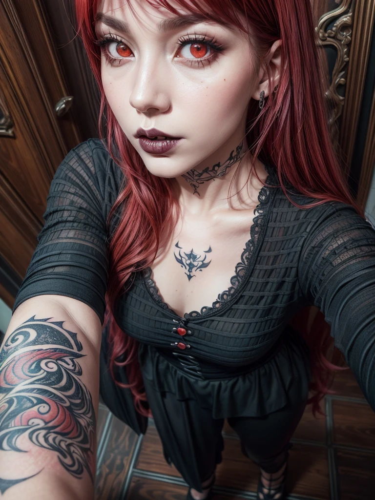 arafed woman with red hair and black dress posing for a picture, amouranth, gothic horror vibes, pale goth beauty, better known as amouranth, goth aesthetic, gothic aesthetic, 1 7 - year - old goth girl, goth girl aesthetic, very beautiful goth top model, young beautiful amouranth, goth vibe, lilith, goth asthetics