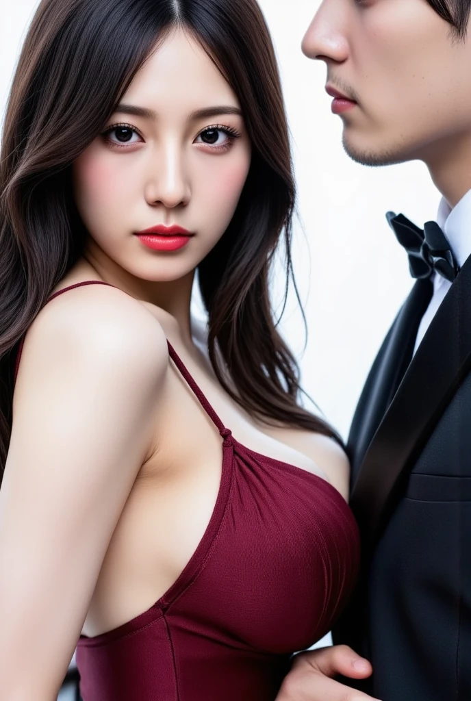((night view, realistic light, best quality, 8k, masterpiece: 1.3)), 1 girl, 1 man,(Girl plump body: 1.4), blonde, short hair, (big breasts: 1.3), off-the-shoulder cropped top: 1.3, ((The man buries his head between the woman's breasts,Girl caressing man's head:1.4)),Super detailed faces, delicate eyes, double eyelids, New York City, time square, Cool background