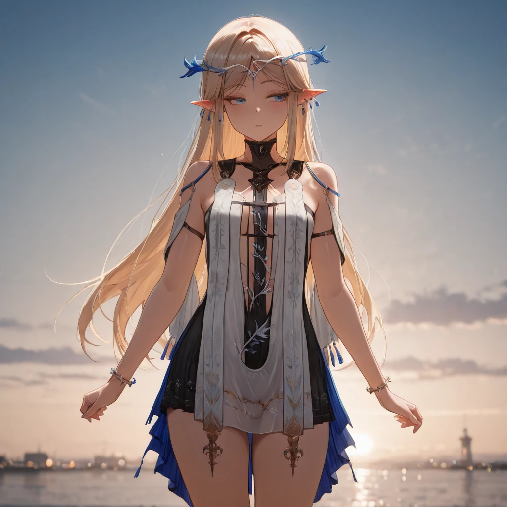 solo, standing skinny girl, long white hair, (white frilled white dress), (very short dress), (white frilled white tops), sheer dress, bared shoulders, too narrow corset cinches waist too tight, white thighhighs, white thigh strap, BREAK, red eyes, BREAK, golden tiaras, carrying a saber at her waist, BREAK, (show off large perky breasts), cleavage, collarbone, BREAK, skinny long legs, show off thigh gap, hand on hip, BREAK, smile for viewer, (nsfw:1), slipping vagina, (slipping nipples)