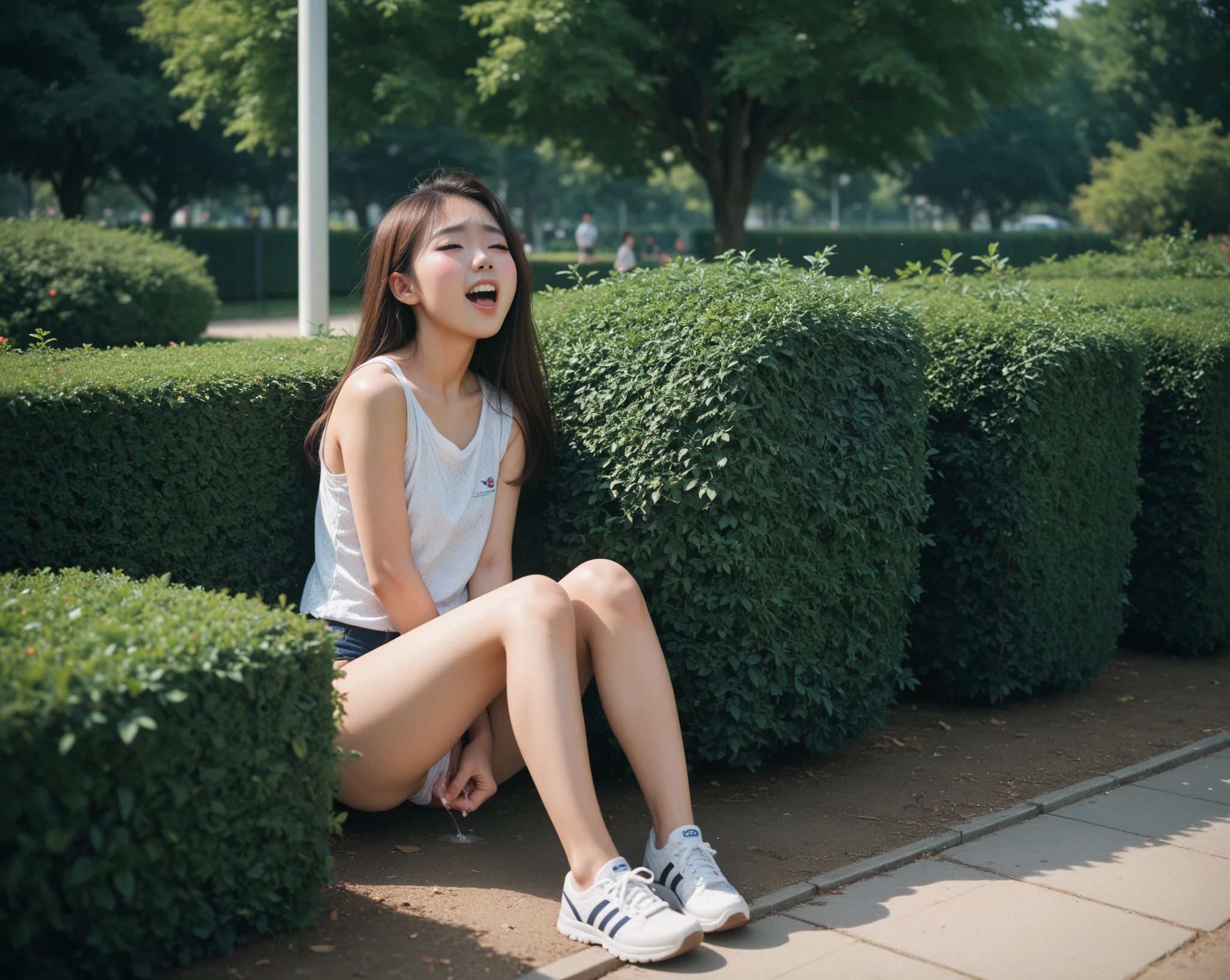 1 Female,((One girl)),((16 years:1)), cowboy_shot,(from_front:1.5),squat,Hug your feet, On the grass,10 generations, Very young,純真なbeautiful少女たち, Idol&#39;s face, Delicate girl:1, (Ankle socks:0.8),(Tunic blouse:1.0), (Ruffled tops:1.0), (trainer:1),(cardigan:1),Sleeves are longer than the wrist, overly too long sleeves, (denim_skirt:1.3),at the park,(knees_Away:0.8),(white_pantiess are visible:1.2),(seamless_pantiess:0.9), (Camel Toe:1), (race_embroidery_panties:1), masterpiece, Highest quality, 8k,(beautiful_skin:1),Detailed face,Smooth bristles, Glowing black eyes,Sparkling eyes,Childish,RAW Photos, Professional Lighting, Film Grain, chromatic aberration,Expressionless, (Small eyes and face:1.0), (Bokeh:1.1),School Bags