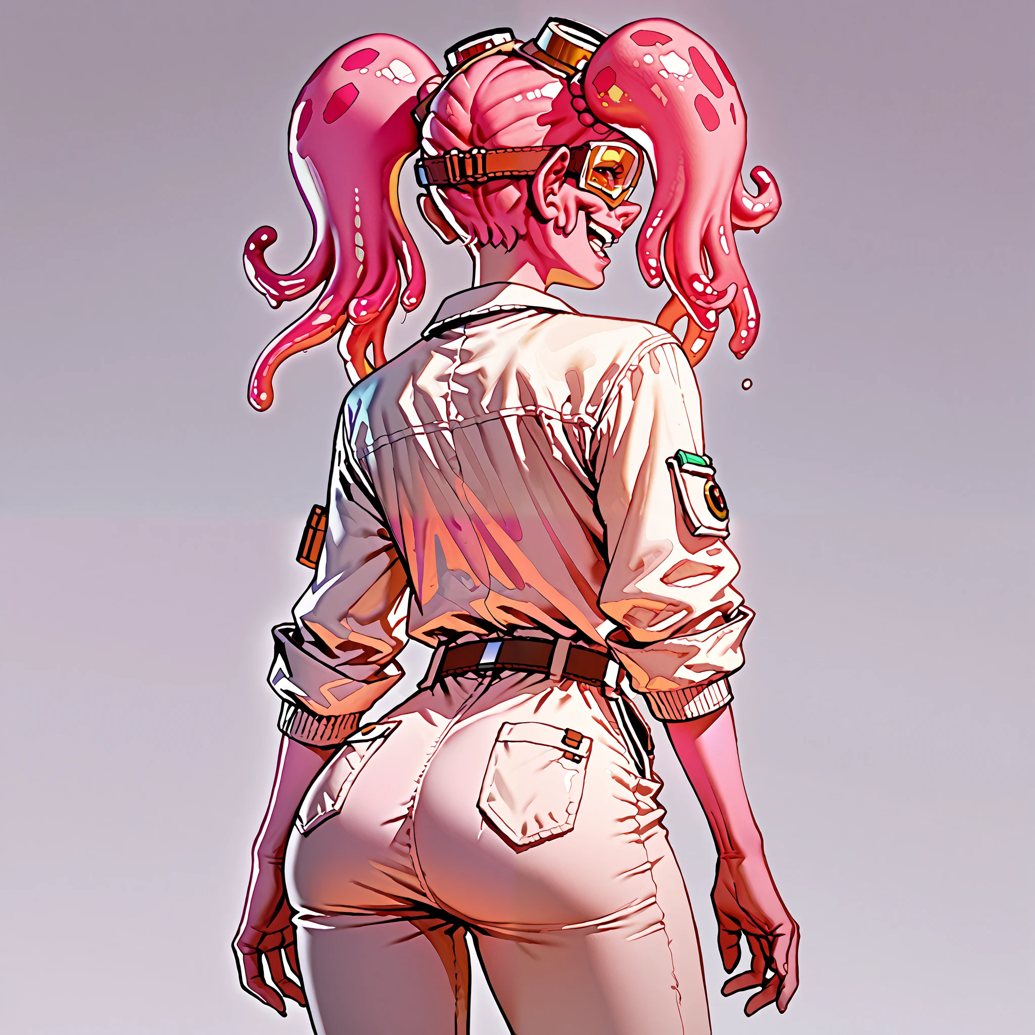 score_9, score_8_up, score_7_up, pink female slime alien (pink alien) , scientist, wear goggles, slime hair is in pig tails. Short, slim thicc. (She has a mischievous smile, excited for an upcoming experiment) ((view ))