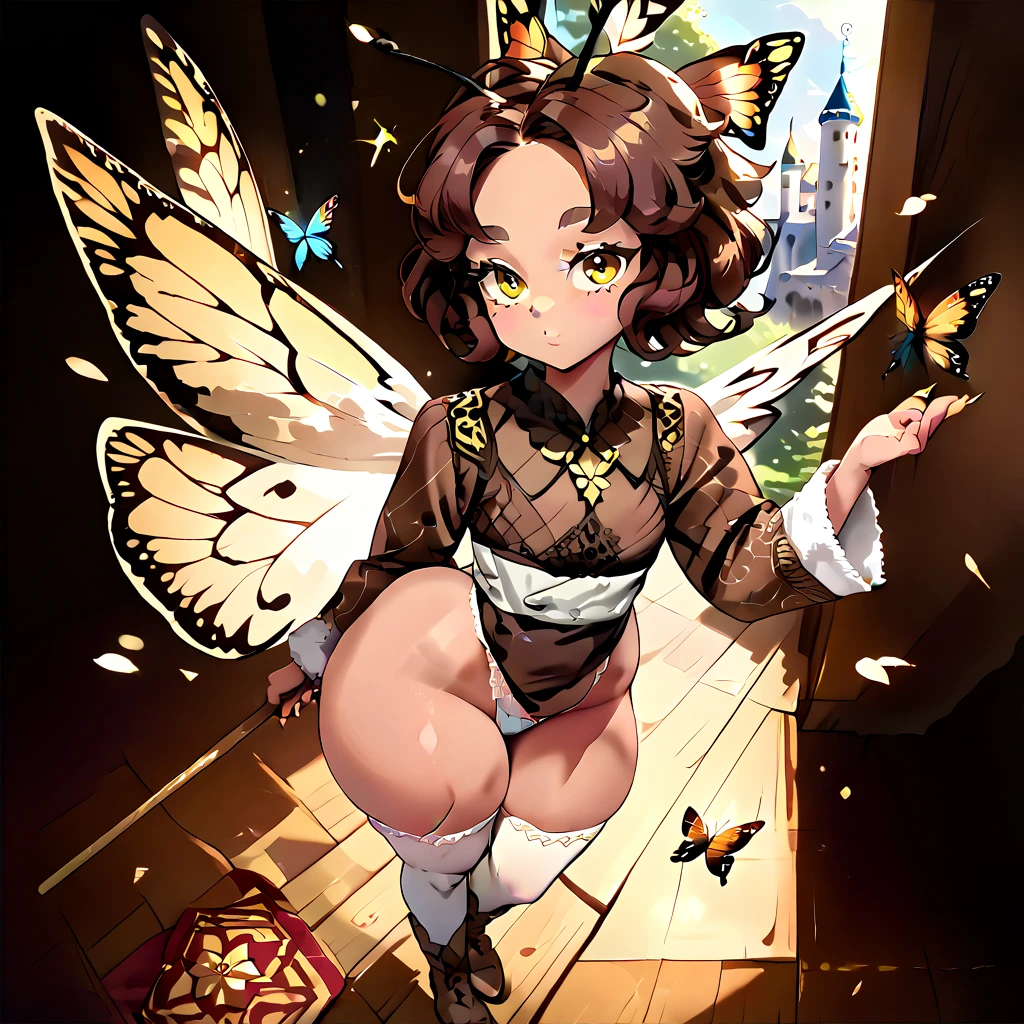antro (brown owl), winged arms, feminine, huge breasts, beak, round glasses, flowery short dress, neckline, wide hips, huge thighs, huge ass, rear view, leaning on the wall, background library, top, bottom, embarrassed smile