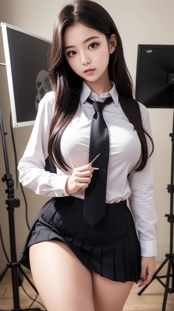 Beautiful girl, long black hair, big breasts, wearing a bare-chested suit, wear shorts skirt, wearing stockings, sexy post, in the classroom.