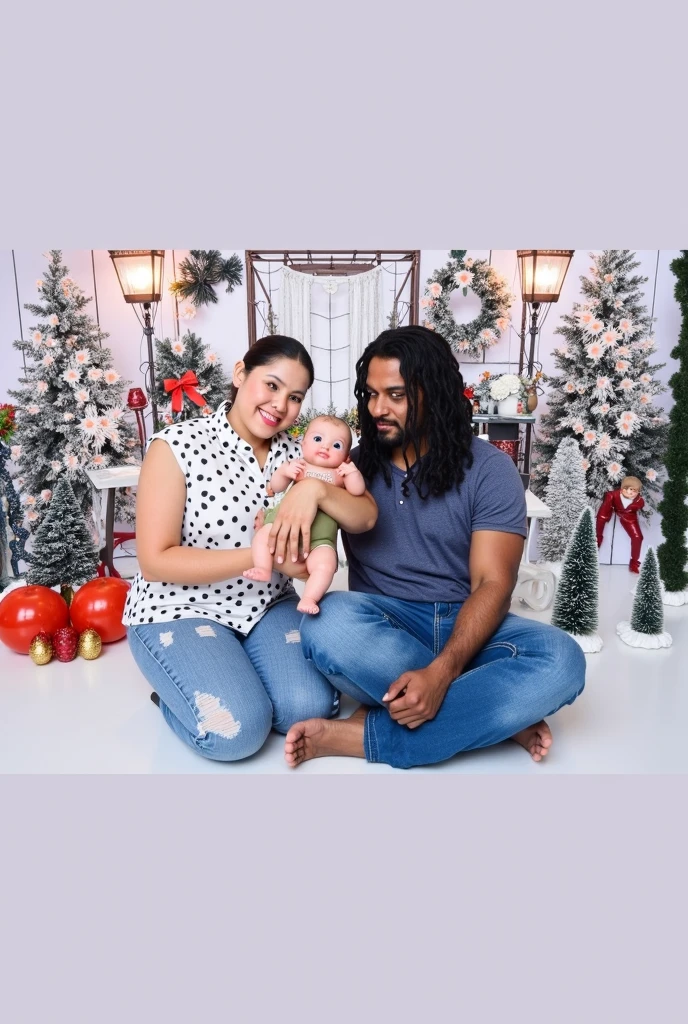 A family photo, a mother holding her newborn daughter with her 3-year-old son wearing a white tank top and denim shorts, and her White husband wearing glasses and a white dress blouse, black background in a photo shoot