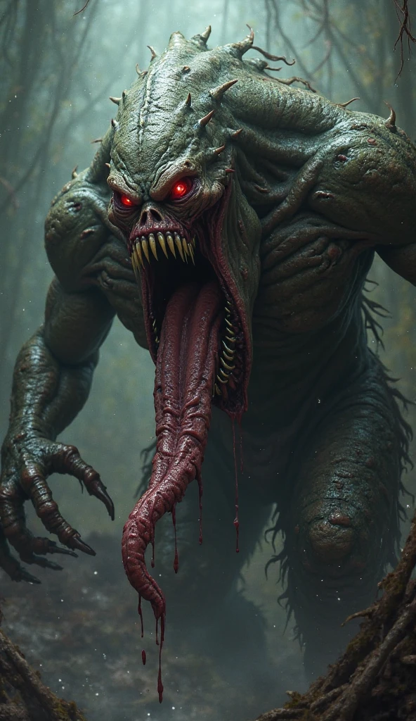 brutalis the violator
hulking 8 feet tall muscled bald mutated semi-orc-troglodyte like human with cracked desiccated skin
he has a few large organic spike protrusions made of his desiccated skin on his arms and back,
