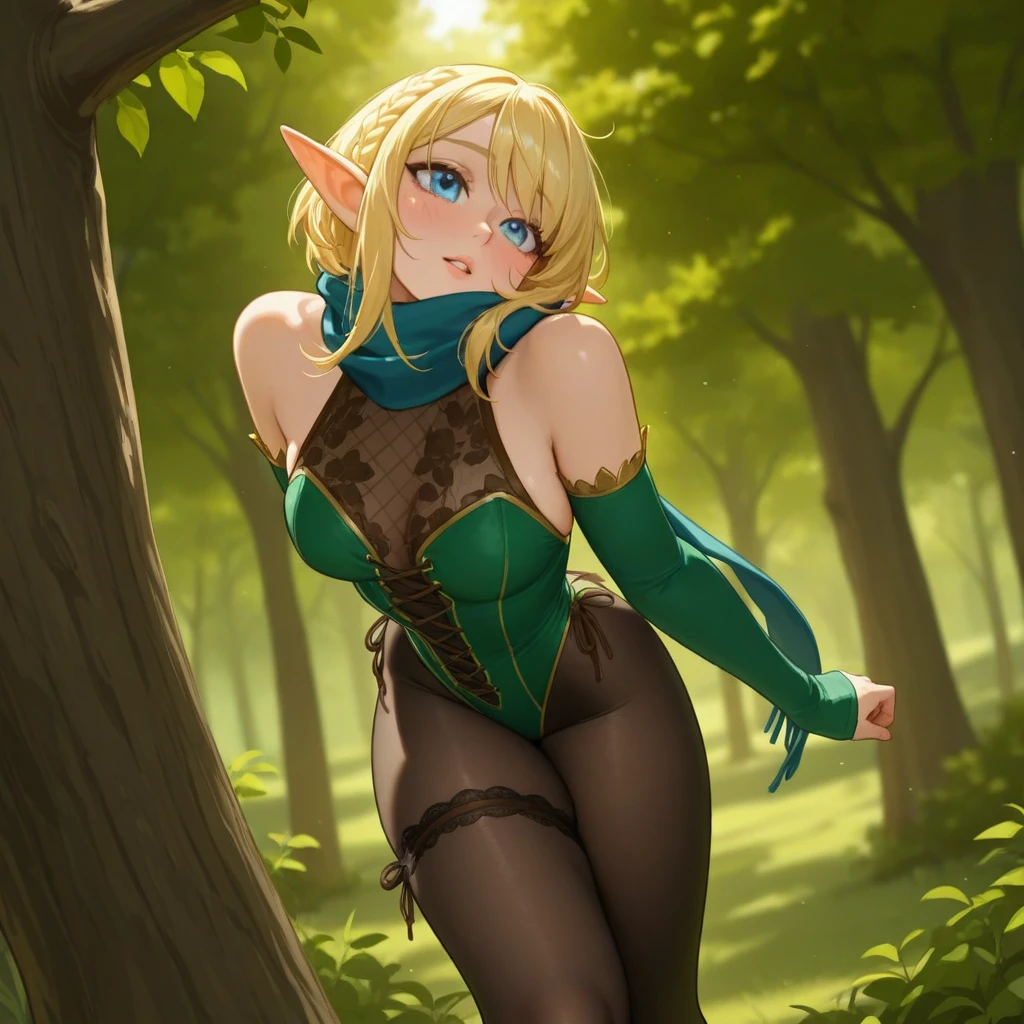 masterpiece, best quality, amazing quality, very aesthetic, high resolution, ultra-detailed, absurdres, newest, scenery, 1girl, solo, elf girl, long pointy elf ears, pixie, sitting on log, knees together feet apart, , narrow waist, large , thick thighs, (cross-laced:1.2) pixie green frill lace leotard skirt, leaf print puffy wide detached green sleeves past wrists, shoulders, floral print blue scarf,  see-through black pantyhose, brown lace-up knee boots, forest, blue eyes, from above, looking up, head tilt, leaning forward, looking at viewer, parted lips, wondering, ground,blonde hair, blush, medium bob, long sidelocks, braid, (dappled sunlight:1.2), rim light, hand on own cheek, hand on own thigh, boots,leaf, dutch angle, portrait, face focus, head focus, close-up, fine fabric emphasis, BREAK, ears, lips, detailed eyes, depth of field, volumetric lighting