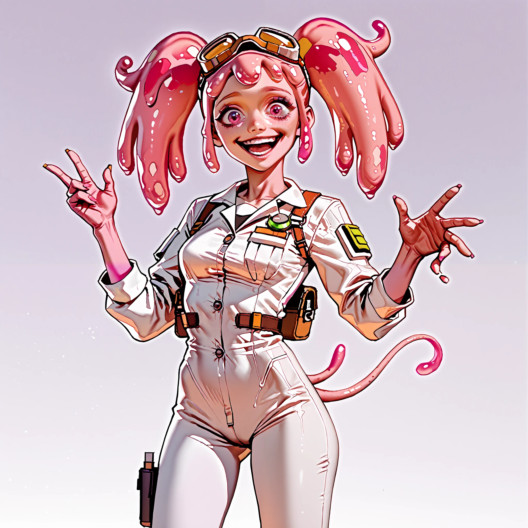 score_9, score_8_up, score_7_up, pink female slime alien (pink alien) , scientist, wear goggles, slime hair is in pig tails. Short, slim thicc. (She has a smile because she is excited about an upcoming experiment) (wearing a jump suit)