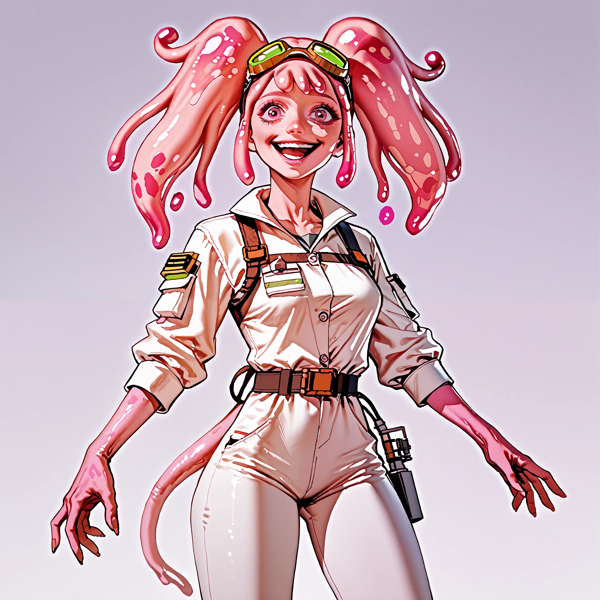score_9, score_8_up, score_7_up, pink female slime alien (pink alien) , scientist, wear goggles, slime hair is in pig tails. Short, slim thicc. (She has a smile because she is excited about an upcoming experiment) (wearing a jump suit)