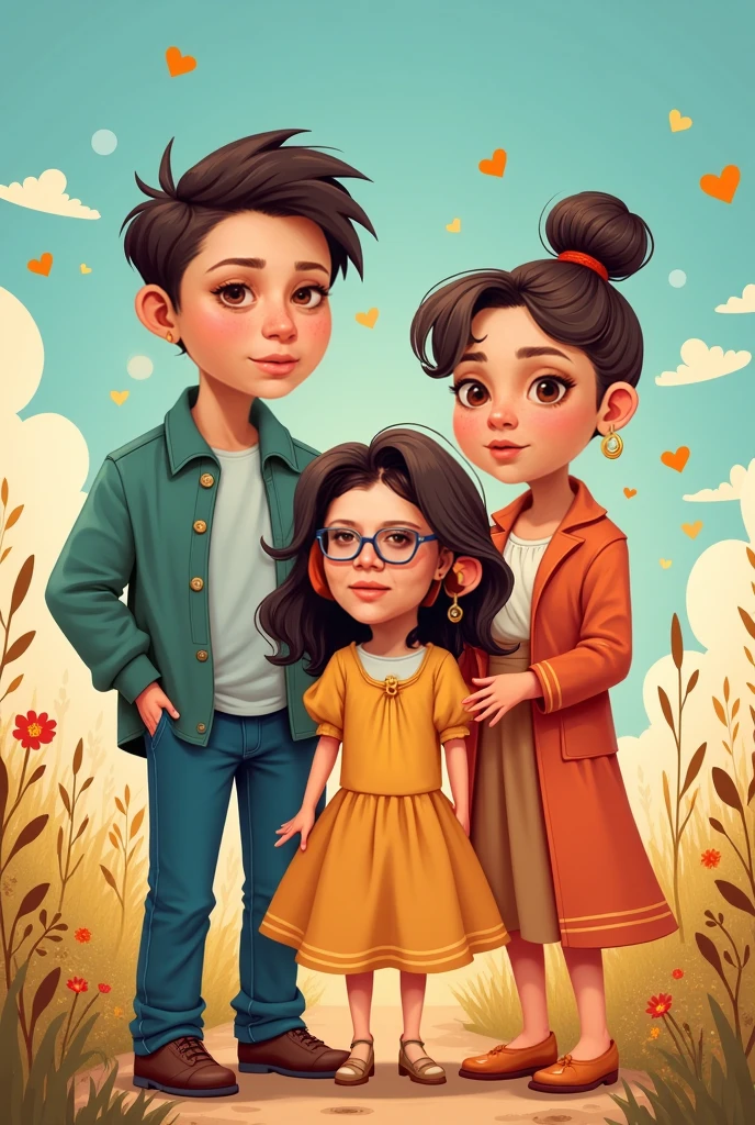 a family at Disney, a chubby woman with straight, light brown hair, round glasses, brown eyes and brown skin. a white man with straight black hair and a beard and light brown eyes. a white baby with black, curly hair. a 4 year old girl with black curly brown hair and light black skin.