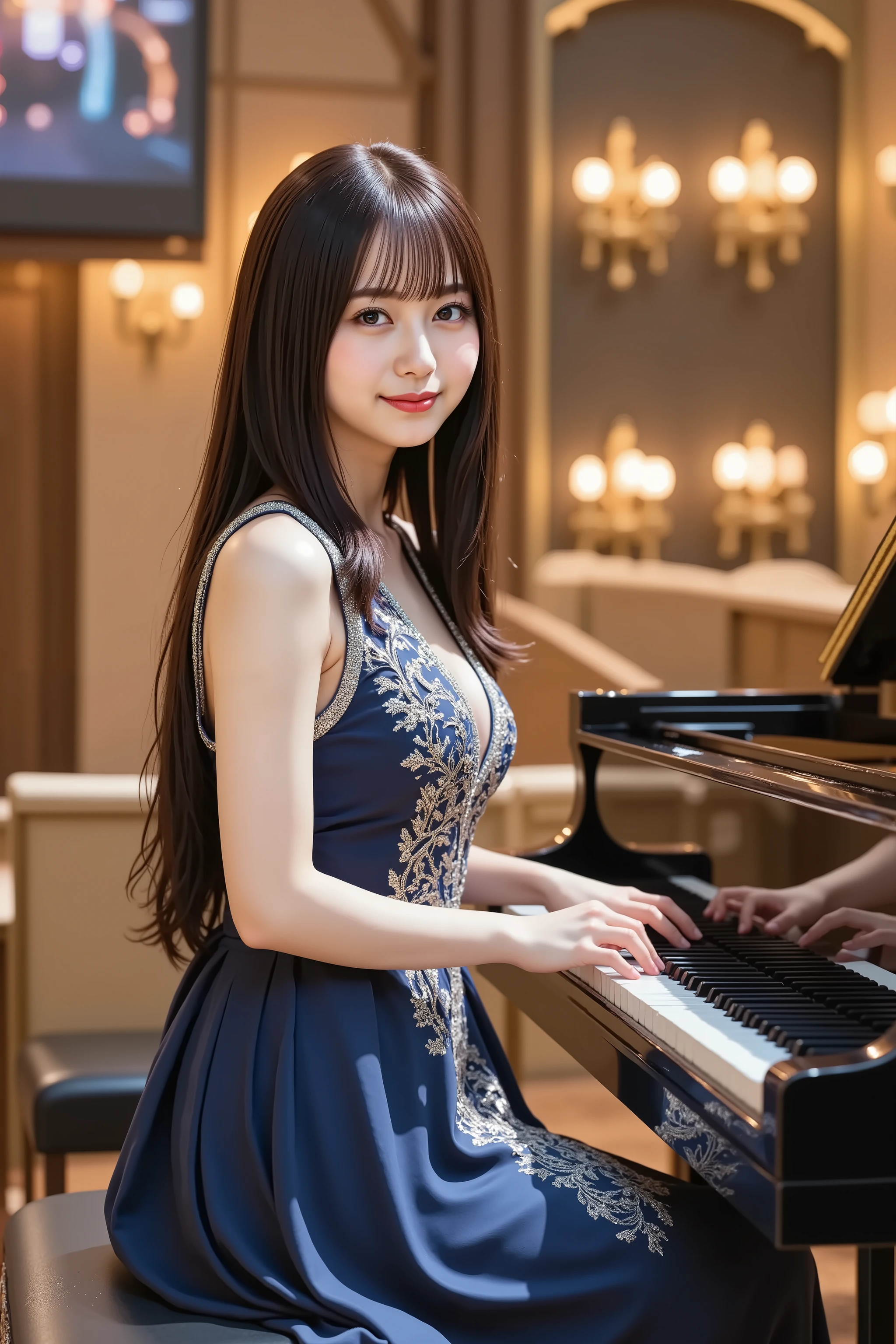 Araffe woman in a blue dress playing a piano in a room - SeaArt AI