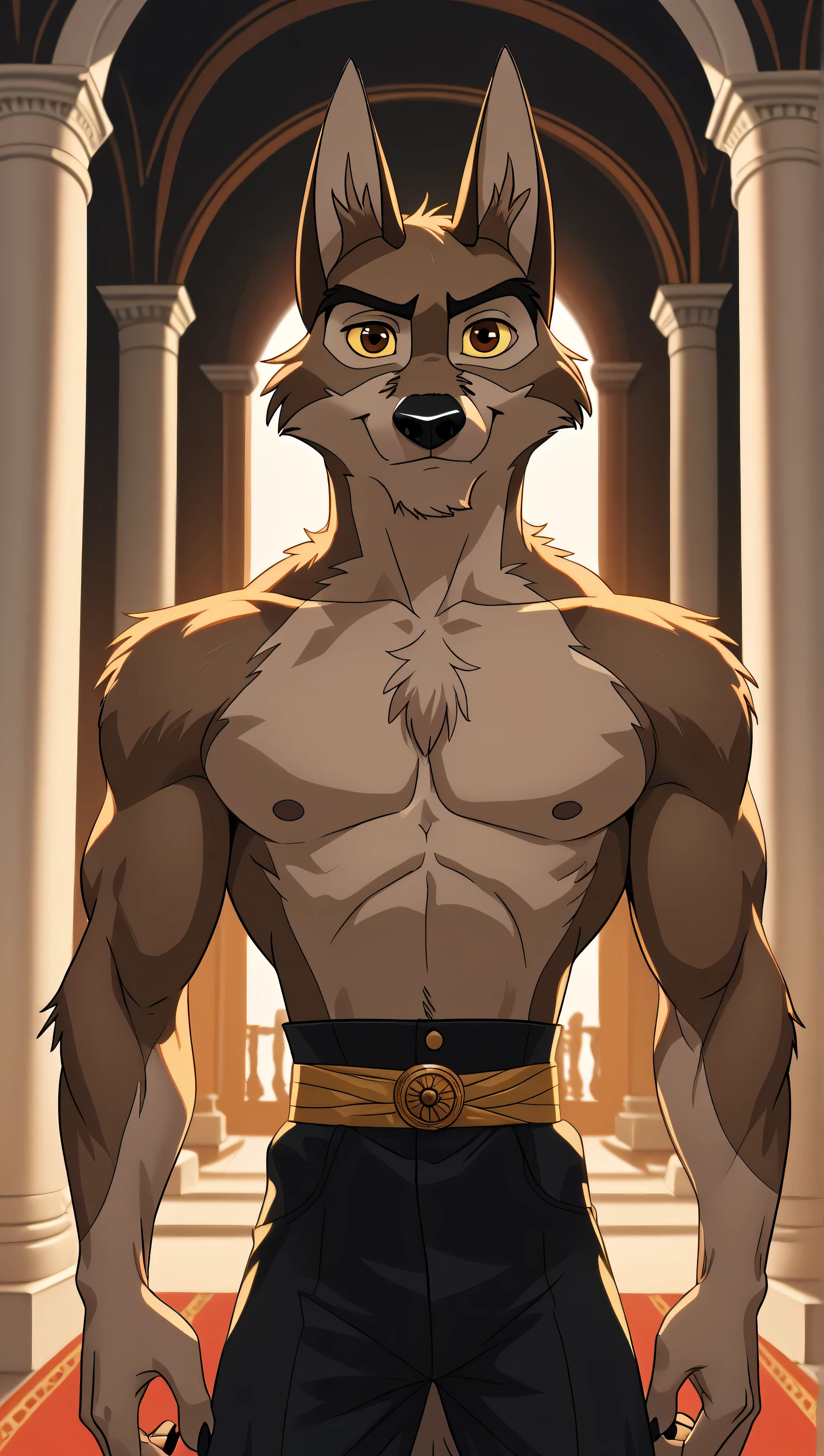 baltotwd, wolfdog, balto, brown eyes, yellow sclera, solo, detailed, detailed face, black eyes, anthro body, male, adult, muscular, cartoon shading, cel shaded:1.0, flat colors, (no background, white background):1.5, shirtless, wfa style, negger style, cartoony anatomy, above waist, looking at viewer, posing, smile