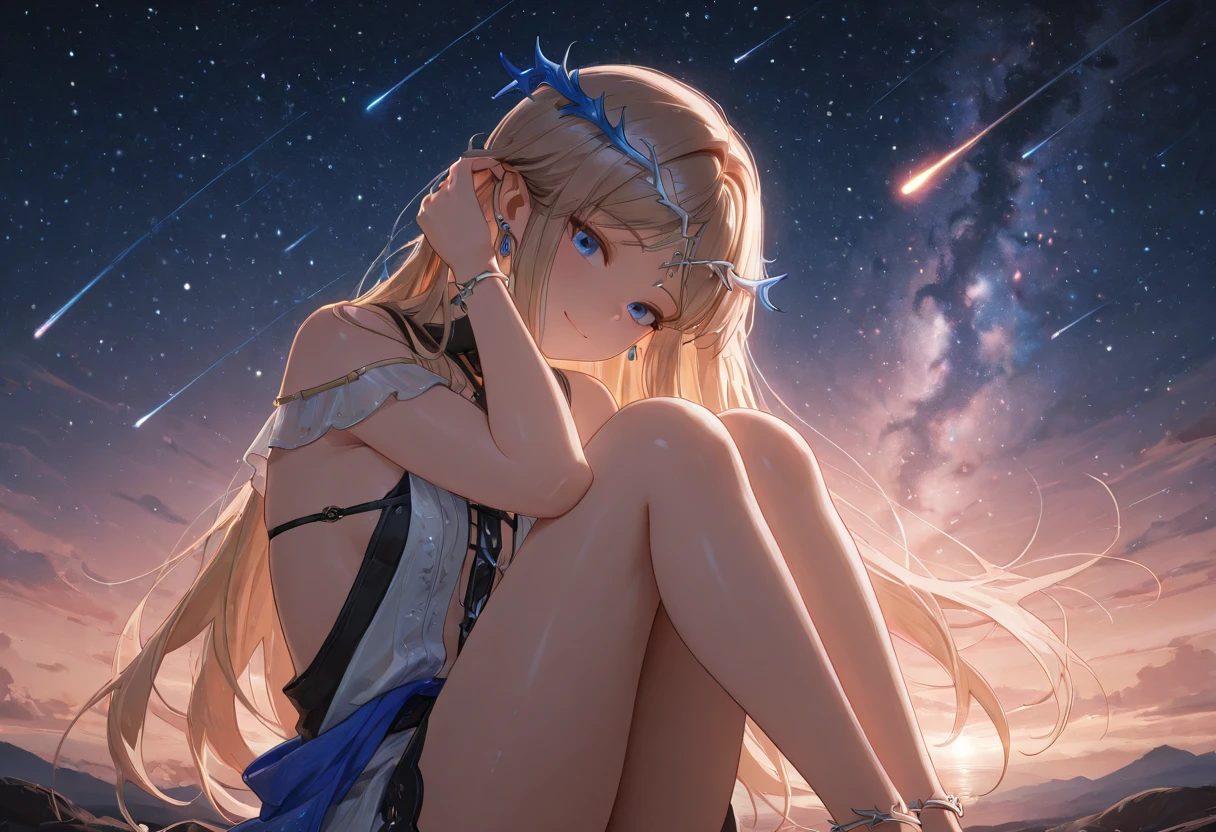 Exquisite slender girl (with a perfect, very beautiful face and almond-shaped eyes) (with a southern skin tone and soft lips) ((at the control panel)) with a beautiful tender (breasts (with small soft pink nipples)) ((in a long light skirt on a naked body)) ((costs)) ((barefoot)) ((in a spaceship cabin)) ((on another planet)) ((with electronic bracelets on the arm and ankle)) (with musical instruments) (с обнажённой маленькой breasts и стройной талией); (cozy spaceship cabin); (old instruments and equipment), (((telescope and observatory equipment))); ((precious jewelry on the chest and wrists and ankles)); ((dawn morning summer gentle golden light)), ((pastel soft warm shades)); (warm (summer) early morning), ((dawn soft warm light)); (draw ((in watercolor style))); ((very beautiful exquisite face)); (high image quality, high detail); ((big alien eyes), skinny); ((Gentle (Mint Shades))), (sfumato)