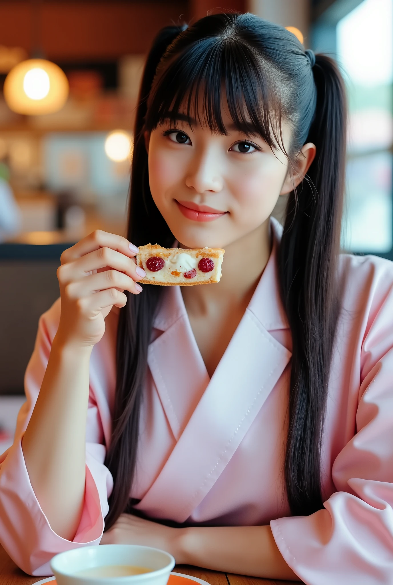 Create a vibrant photo collection featuring a Japanese idol girl. She has fair skin, long straight black hair styled in a ponytail with bangs. The girl wears a glossy hakama, showcasing her elegance and charm. Capture full-body shots of her enjoying sweets at a café, highlighting her purity and grace.