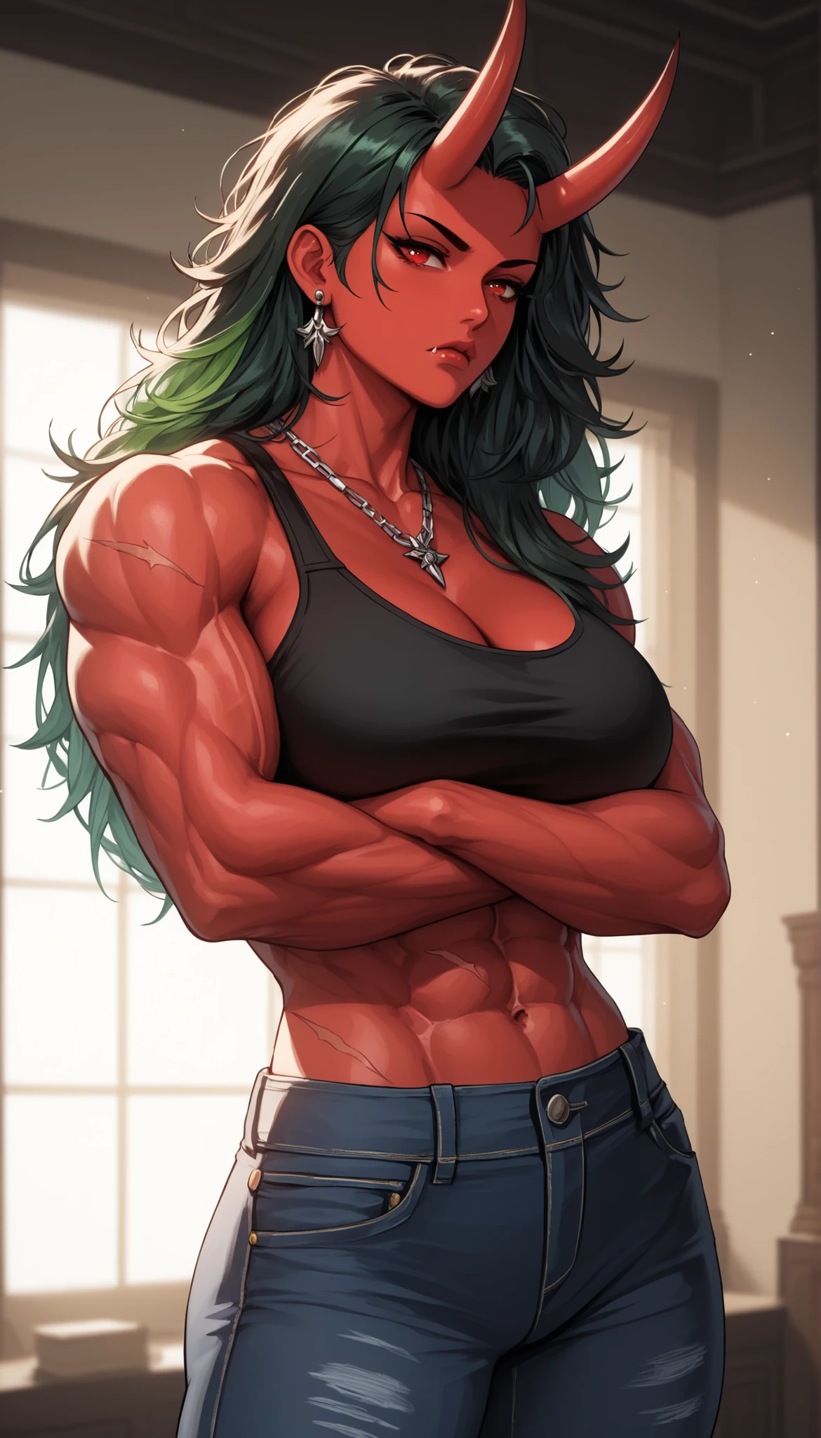 Watercolor, score_9, score_8_up, score_7_up, (Volumetric_lighting: 1.7), (masterpiece), (lora: detailed anime girlsXL), (lora: NoobAI-XL Detailer), (lora: smooth lighting enhancer) (lora: Detailed Background), (lora: NKxXmo's Shaded Face), (lora: SDXL high detailed. LoRA_SDXL_ARW_0010: 0.75), (lora: Waifu Eyes), BREAK inside, lecture hall,
(Demon) 1girl, scars, Oni_horns, Tall, sharp teeth, fangs, red skin, red skinned, (muscular:1.6), muscular_thighs, muscular_arms, long_messy_hair, long hair, Hair_tied_back, black hair (green highlights), black nails, red eyes, angry (narrow eyes, scowl, crazed) standing, arms_crossed, jeans, cropped jacket, necklace, black_sports_bra, earrings, low_angle_shot, large breasts, Mature looks, MILF, 8k, (masterpiece), Oni_horns, realistic, high_quality, detail_focused,
Expressiveh