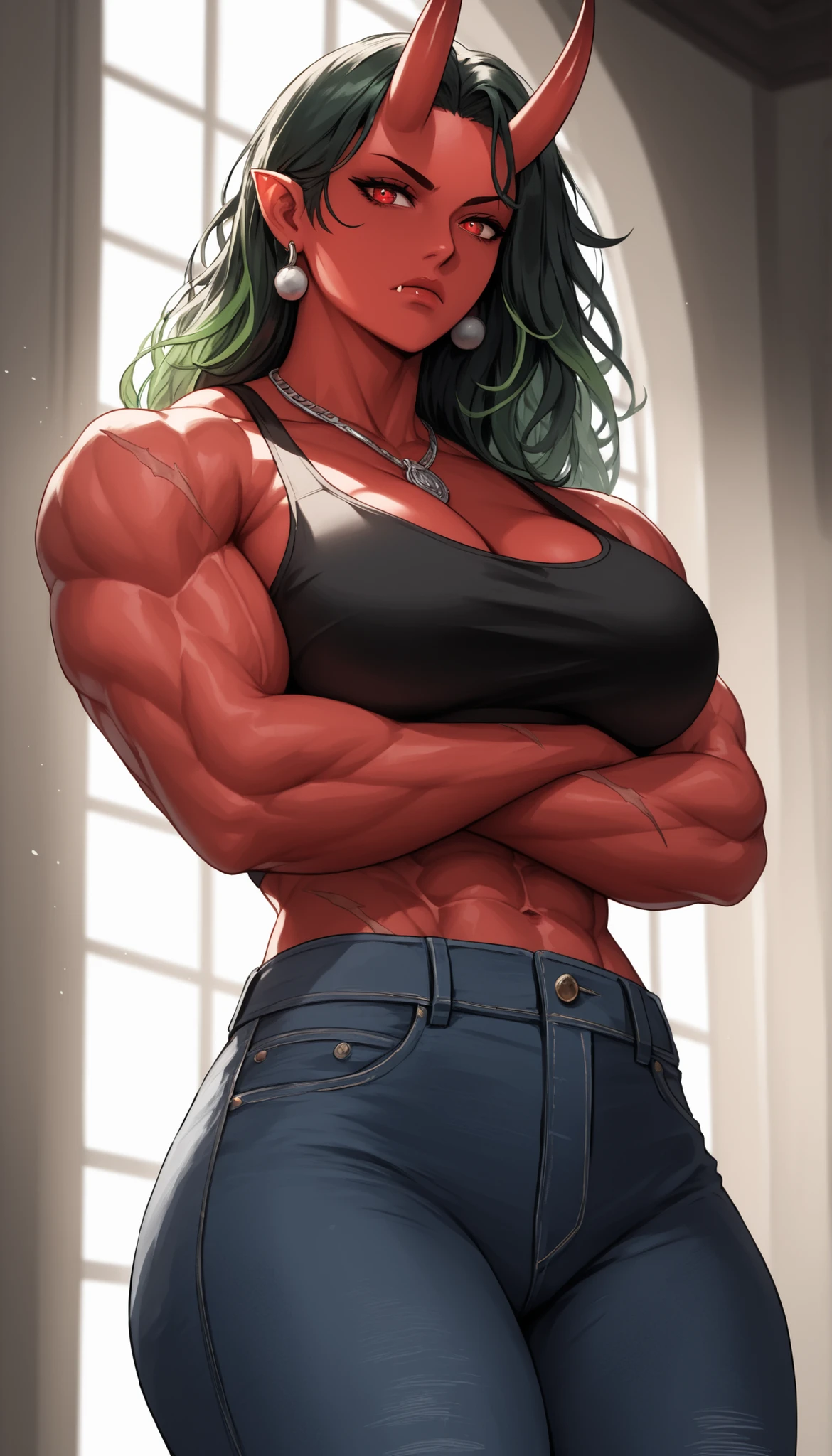 Watercolor, score_9, score_8_up, score_7_up, (Volumetric_lighting: 1.7), (masterpiece), (lora: detailed anime girlsXL), (lora: NoobAI-XL Detailer), (lora: smooth lighting enhancer) (lora: Detailed Background), (lora: NKxXmo's Shaded Face), (lora: SDXL high detailed. LoRA_SDXL_ARW_0010: 0.75), (lora: Waifu Eyes), BREAK inside, lecture hall,
(Demon) 1girl, scars, Oni_horns, Tall, sharp teeth, fangs, red skin, red skinned, (muscular:1.6), muscular_thighs, muscular_arms, long_messy_hair, long hair, Hair_tied_back, black hair (green highlights), black nails, red eyes, angry (narrow eyes, scowl, crazed) standing, arms_crossed, jeans, cropped jacket, necklace, black_sports_bra, earrings, low_angle_shot, large breasts, Mature looks, MILF, 8k, (masterpiece), Oni_horns, realistic, high_quality, detail_focused,
Expressiveh