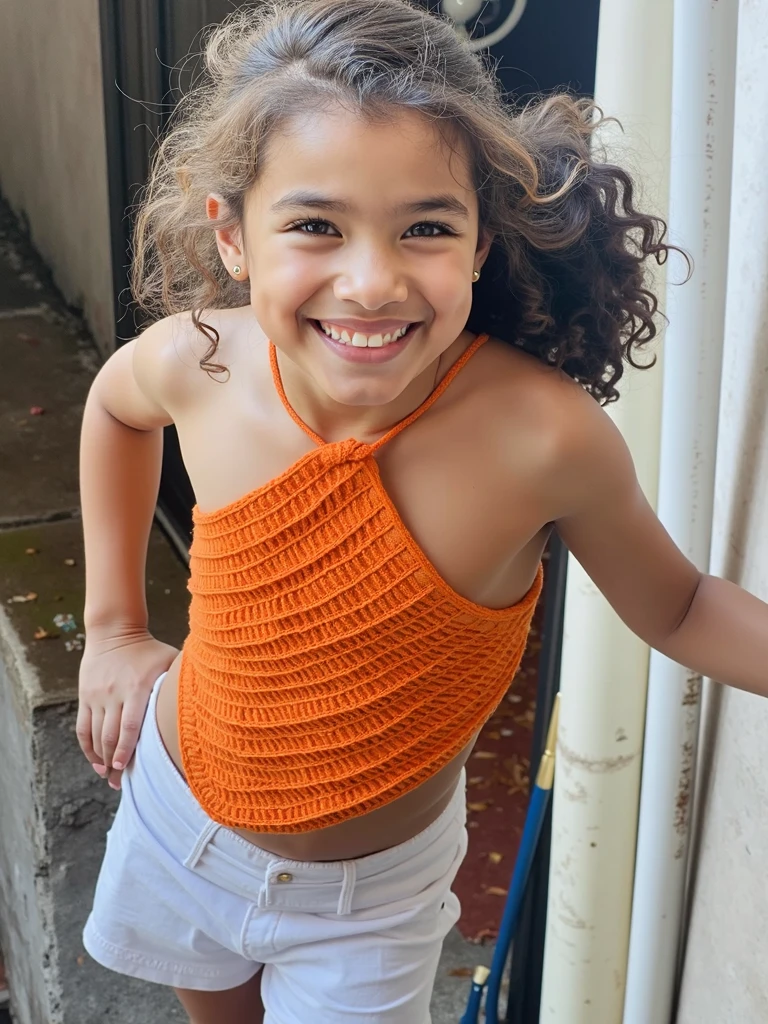 
Beautiful peruvian small girl with wavy long hair, cute dress, lifting her skirt up
showing her underwear