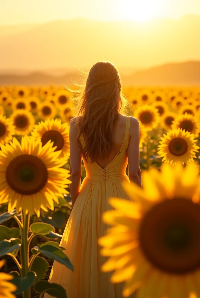a peaceful golden hour scene in a vibrant sunflower field. bright yellow sunflowers with dark centers, tall and in full bloom. a person standing amidst the flowers, dressed in a light, sleeveless beige dress with a lace band at the waist. long, dark hair gently curling at the ends. warm sunlight illuminates the scene, creating a serene and tranquil atmosphere