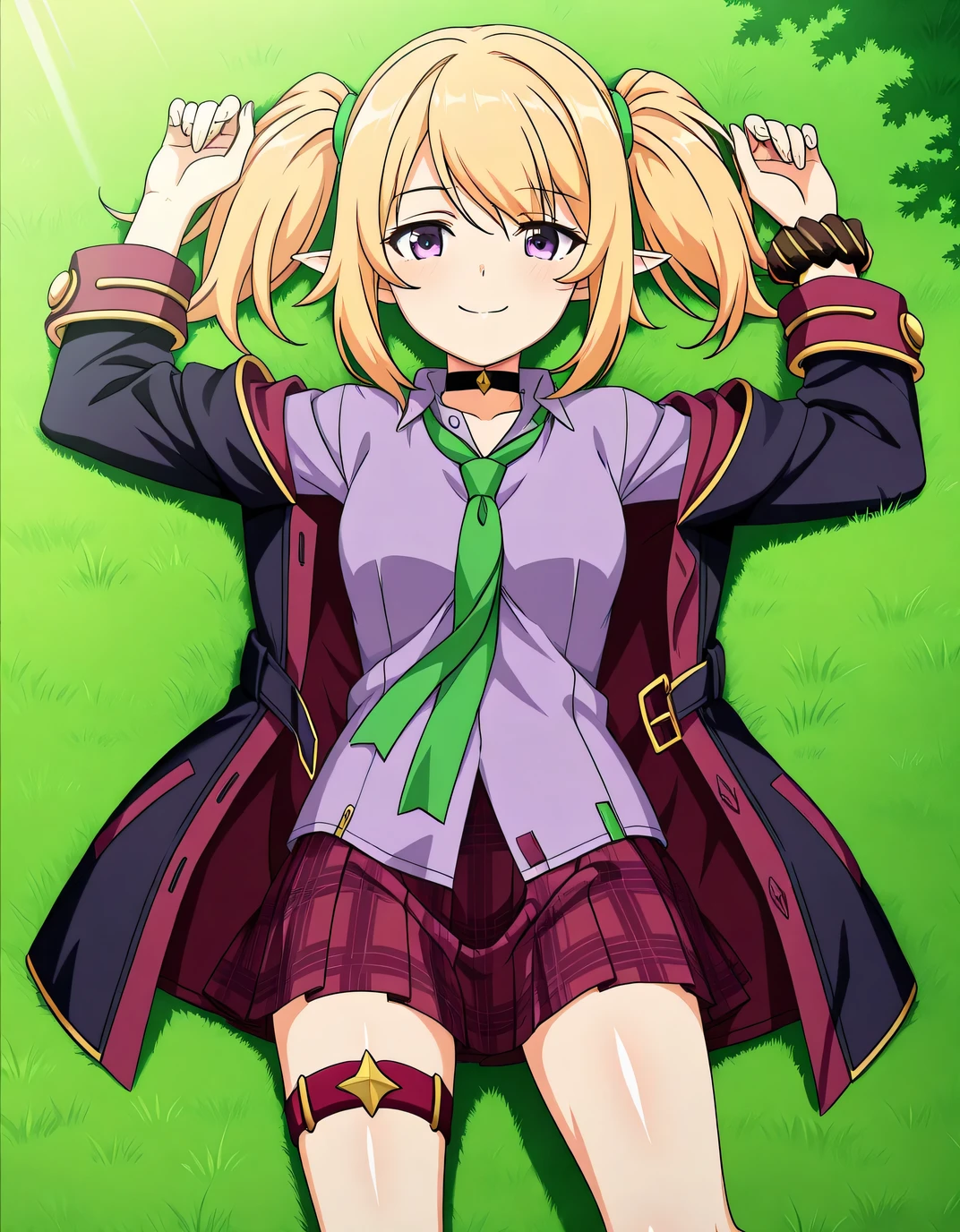 chloePCR, blonde hair, shirt, long sleeves,twintails, purple eyes, sidelocks, pleated skirt, open clothes, pointy ears, collared shirt, miniskirt, off shoulder, thigh strap, red skirt, black choker, plaid skirt, purple shirt,black coat, wrist scrunchie, green necktie, hooded coat, black scrunchie, st. theresa's girls academy school uniform, anime screencap, shiny skin, high quality, solo, lying, on back, arms up, legs apart, closed mouth, on grass, from above, full body, looking at viewer, smile, best quality,
