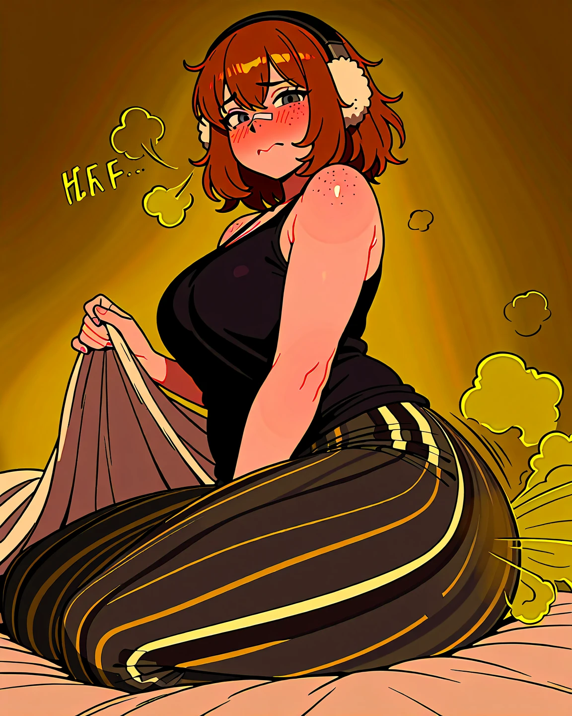 By bebebebebe,High quality,Female ,((hair covering eyes,fluffy hair,short hair,Teeth, exhausted expression,(breasts),solo,orange hair,toned,Earrings,Curvy legs,2 arms, Pearl Necklace,side park,looking back,Green Sweater, panties ,cum in anus,vagina,Sweat on the body