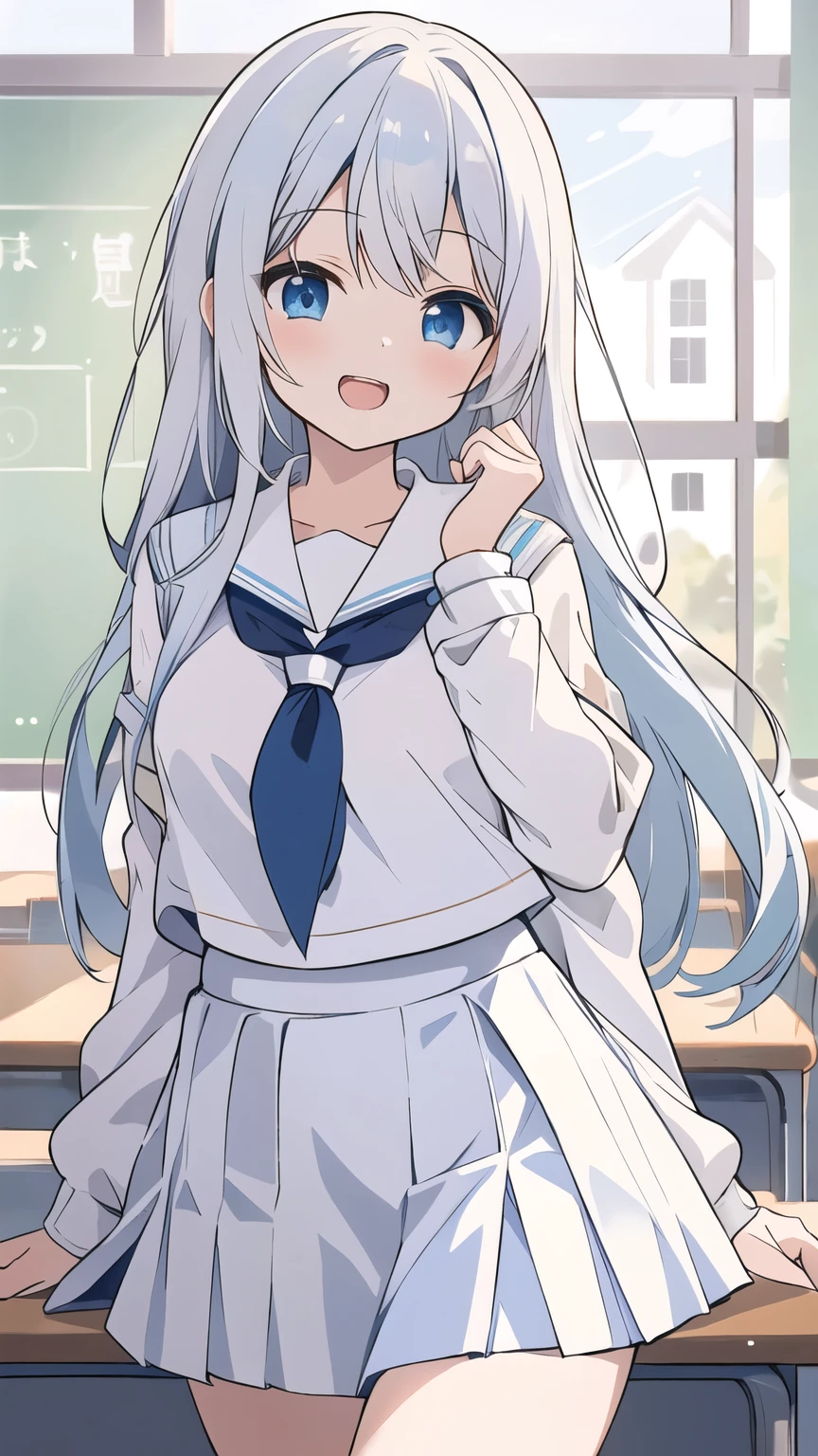 cute girl, アニメ, silver hair, straight hair, Cyan eyes, (young:0.9), (small bust:0.5), (cute:1.3), (middle bust:0.8), (cute girl:1.2), cowboy shot, cute, side shot, (Smail:1.3), open mouth, backwards, (white school uniform:1.6), (dark blue skirt:1.6), ローアングル, close eyes, (cross legs:1.2), (seduce:1.4)