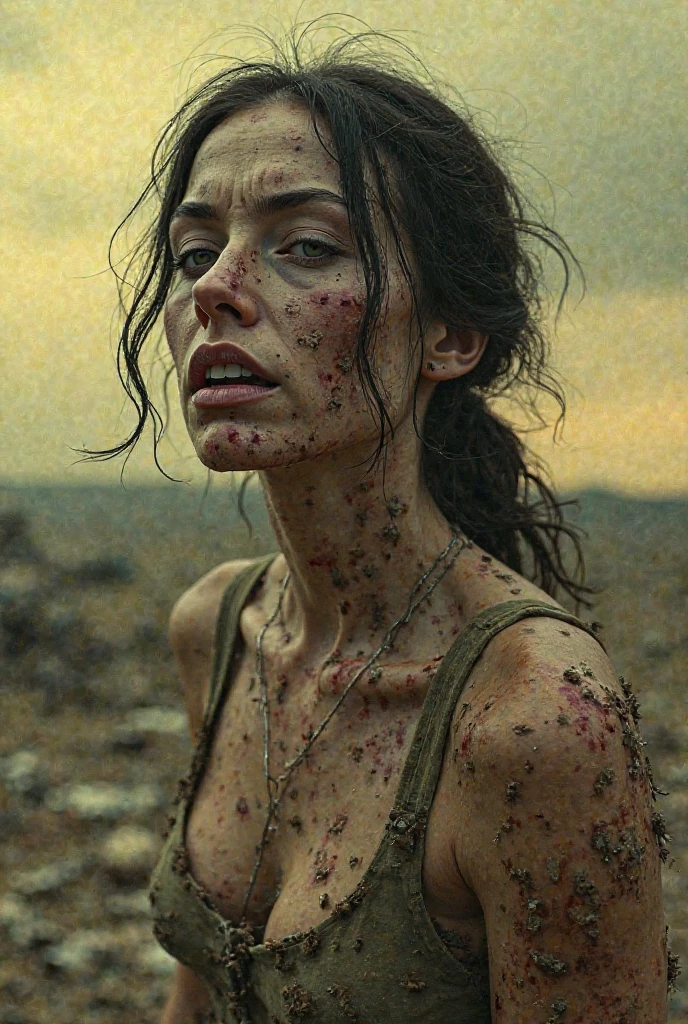 Helene Skelton, Vietnam War era, closeup headshot, prise de vue depuis le sol, naked american soldier, tattoos, and spacious, transpiration, damp hair, bloody and bruised, sunny, M16, on a bloody battlefield, sludge, explosion, fires