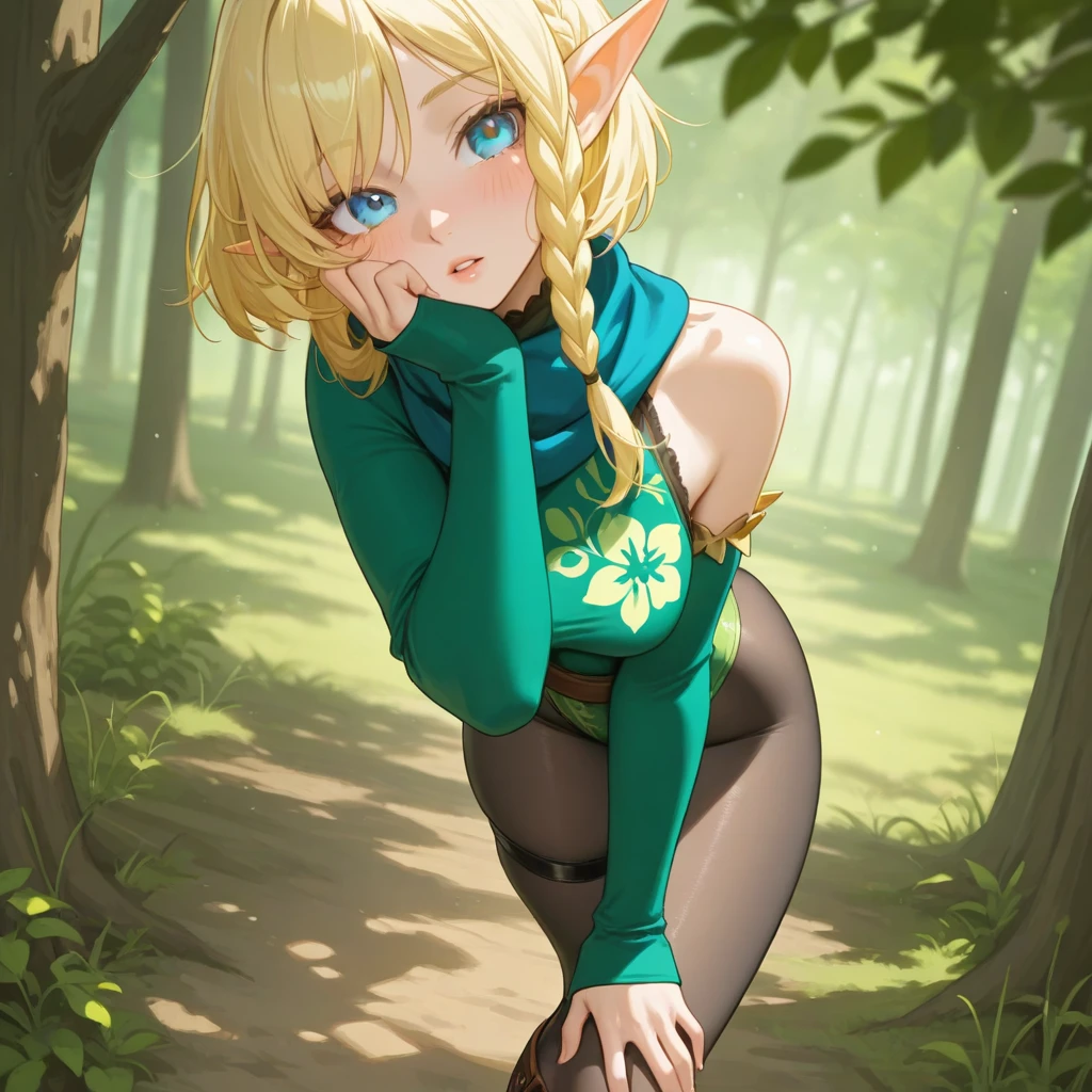 masterpiece, best quality, amazing quality, very aesthetic, high resolution, ultra-detailed, absurdres, newest, scenery, 1girl, solo, elf girl, long pointy elf ears, pixie, sitting on log, knees together feet apart, medium breasts, narrow waist, large ass, thick thighs, (cross-laced:1.2) pixie green frill lace leotard skirt, leaf print puffy wide detached green sleeves past wrists, shoulders, floral print blue scarf, skindentation see-through black pantyhose, brown lace-up knee boots, forest, blue eyes, from above, looking up, head tilt, leaning forward, looking at viewer, parted lips, wondering, ground, blonde hair, blush, medium bob, long sidelocks, braid, (dappled sunlight:1.2), rim light, hand on own face, hand on own thigh, boots,leaf, dutch angle, portrait, face focus, head focus, close-up, fine fabric emphasis, BREAK, ears, lips, detailed eyes, depth of field, volumetric lighting