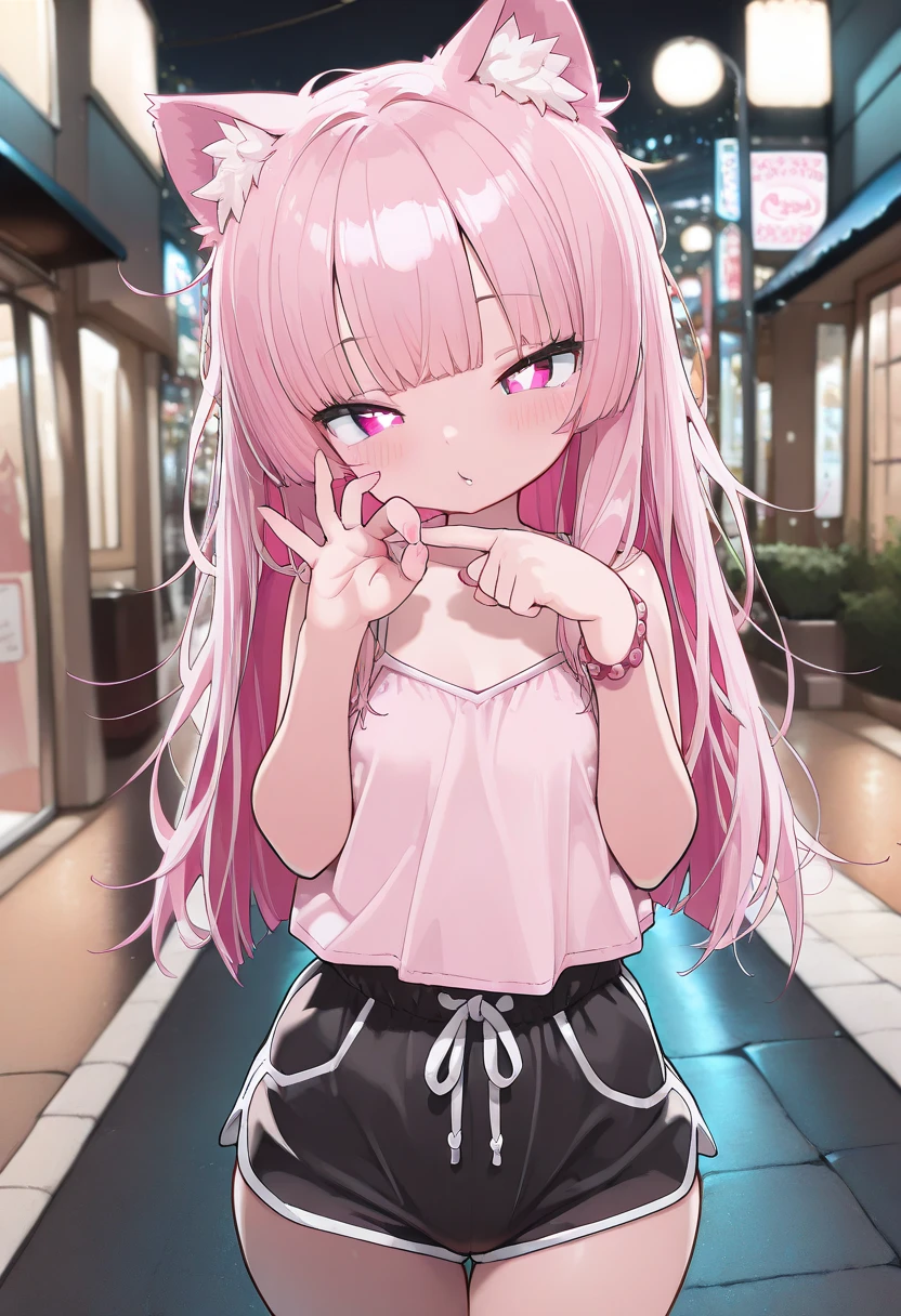 1girl,Cat ears,mesugaki,pink hair,blunt bangs,lefthandp3n, righthandp3n,Camisole,micro hotpants,prostitute,night,street,(masterpiece:1.2), (best quality:1.2), (very aesthetic:1.2), (absurdres:1.2), (detailed background)