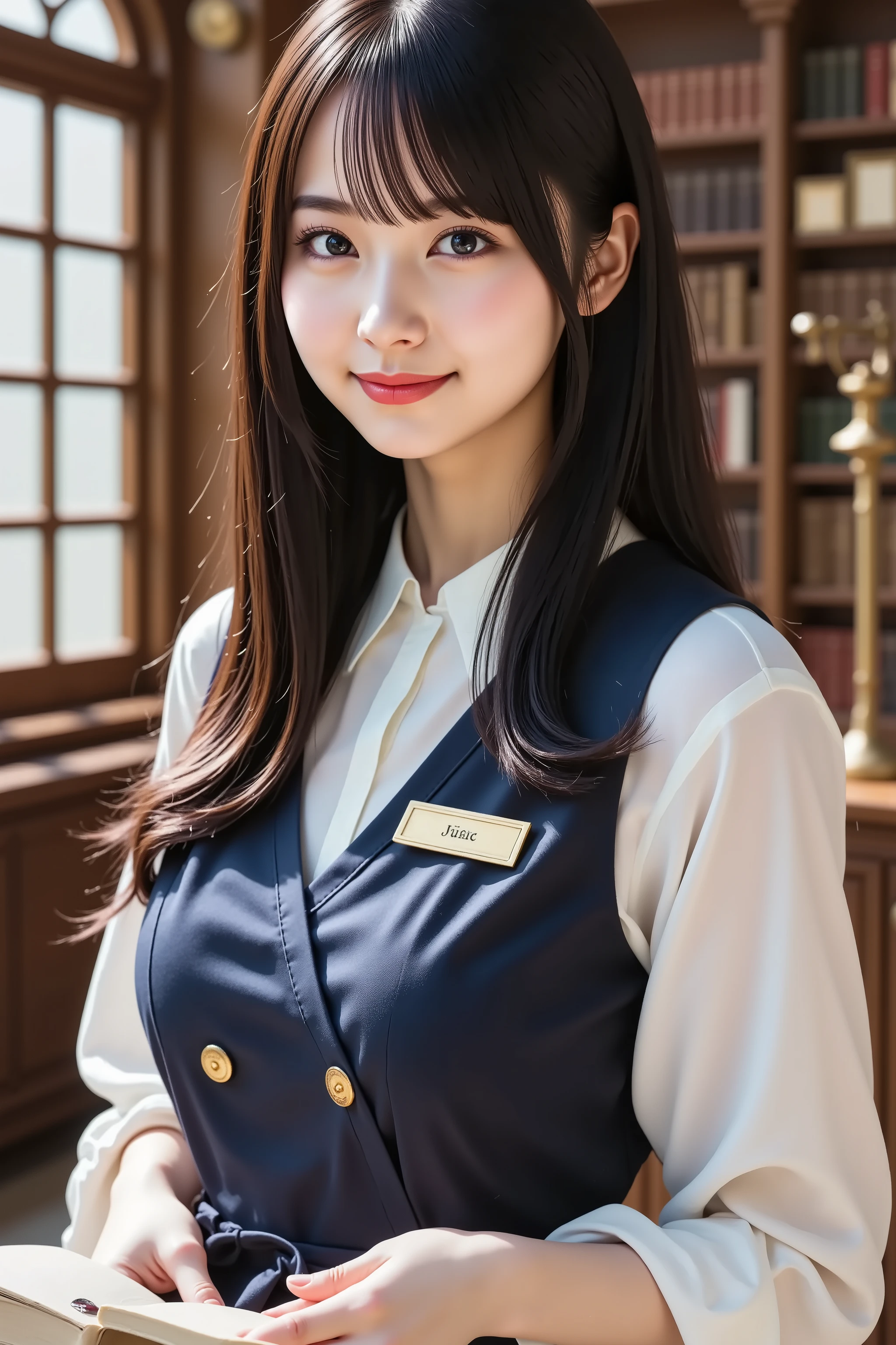 A medium close-up shot, ultra-realistic digital illustration of a beautiful young Asian woman in a grand library. She has long, straight, silky black hair with soft bangs framing her delicate face. Her radiant skin has a natural blush, complementing her warm smile. Her large, expressive dark brown eyes are framed by long lashes, conveying intelligence and kindness. Her well-groomed eyebrows have a gentle arch, and her full lips, naturally pink, are slightly parted in a welcoming smile.
She is dressed in a classic librarian outfit: a crisp white blouse with a high-collared neckline and a fitted navy-blue vest with subtle embroidery. A small golden name tag is pinned to her vest, and delicate reading. In her hands, she holds a large, leather-bound book, as if about to return it to a shelf or assist a visitor.
The background showcases a grand, warmly lit library, featuring towering wooden bookshelves filled with countless books. Soft natural light streams through large arched windows, illuminating the elegant atmosphere. Antique brass reading lamps cast a golden glow onto the polished wooden surfaces, enhancing the refined setting.
The composition is balanced, with the subject centrally framed, ensuring a clear view of her upper body and attire while allowing the library's ambiance to be visible. The image is rendered in stunning 8K resolution, capturing every intricate detail with lifelike clarity.