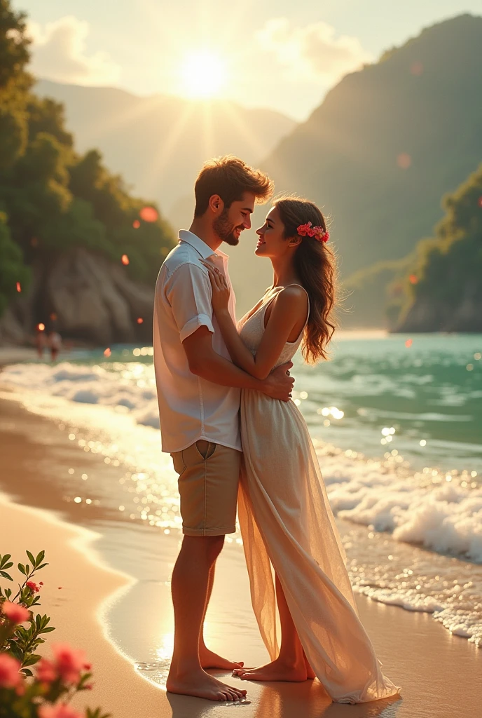 Young couple sweet moments in the beach, 8k, ultra HD, dramatic, romantic