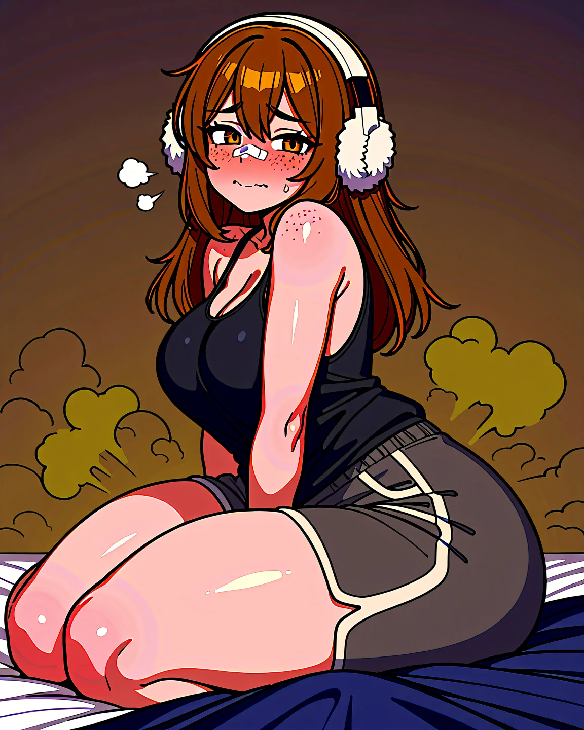 1girl, lammy, furry, red hair, short hair, horns, red shirt, dark purple eyes, tanned, black panties, happy, midriff, running scared late.at night  monster, cameltoe, ????? nipples through t-shirt, 