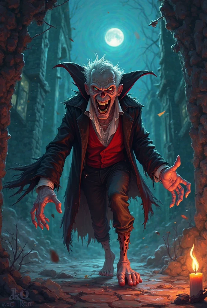 gray little bald goblin monster, medieval thief clothing, alone, nighttime, evil grin with sharp teeth, red eyes with no pupils.