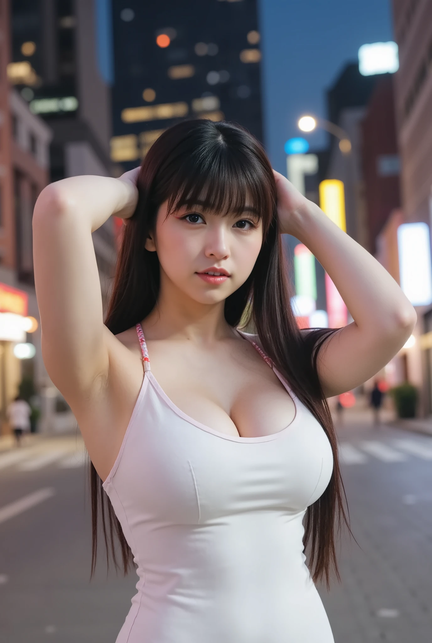 Beautyfull asian girl ever wearing seen through bra,(wearing short),(wearing high hill),(big boobs),big cleavage, night evening time, (lights,lighting),(standing position),night street on background,highly detailed, high resolution, 8k,(perfect face), (perfect fingers),(characters play),big boobs,looking to camera