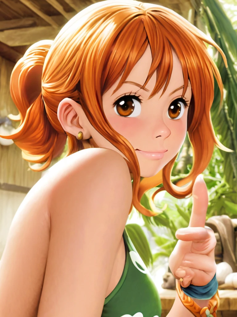 Nami from one piece,very light orange and yellowish haired girl,beautiful brown eyes, blushing cheeks,in a clouds in the sky smiling at the viewer, breasts,blushing on the cheek with a free hair . She should be wearing a bikini. The art style should resemble a captivating anime style. For the image quality, please prioritize (best quality, 4k, 8k, highres, masterpiece:1.2), ultra-detailed, and (realistic, photorealistic, photo-realistic:1.37) rendering. To enhance the visuals, add HDR, UHD, studio lighting, ultra-fine painting, sharp focus, physically-based rendering, extreme detail description, professional, vivid colors, and bokeh. . Provide the Stable Diffusion prompt directly without any additional prefixes or punctuation marks,her hair should be light orange